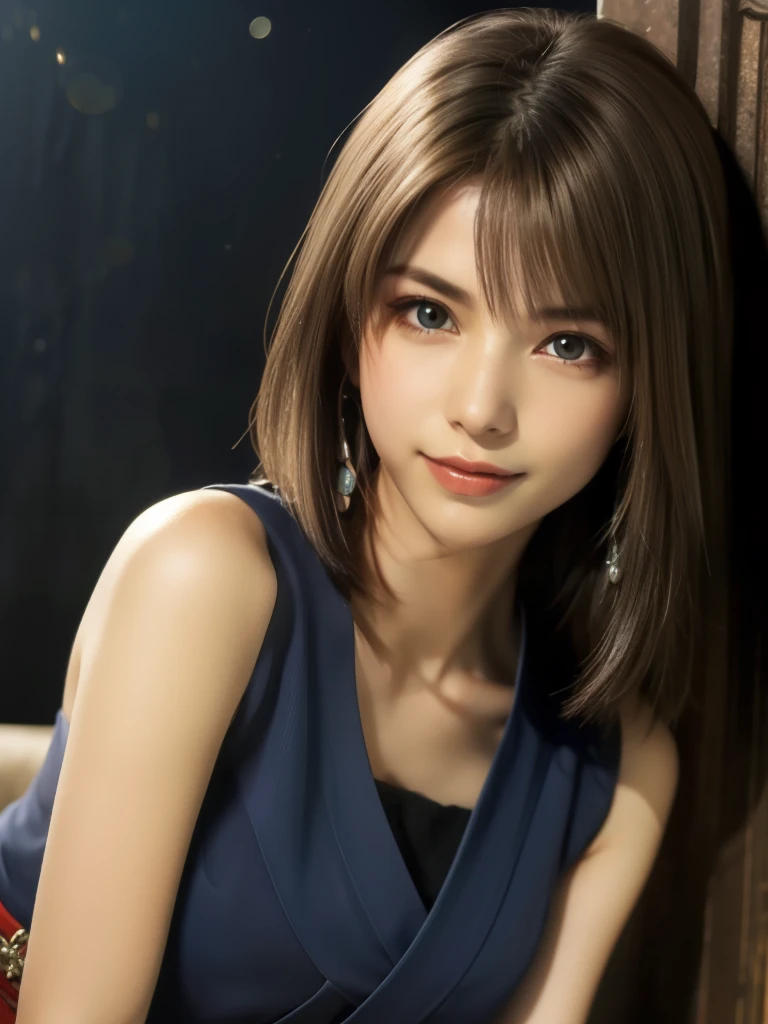 (Highest quality: 1.5), (Real: 1.5), (1 person: 1.5), (Very detailed), (High resolution), 8k, blue-beaded earring, hakama skirt, kimono, (Yuna FFX costume), (Japanese woman), 20 year old girl, (perfect and beautiful face), (big eyes), (beautiful and cute face), (balanced and beautiful eyes), beautiful double eyelids, perfect and Beautiful face, thin arched eyebrows, beautiful thin nose, beautiful skin, slim face, (medium breasts), natural colored lips, cute smile, (slim body), (medium bob hair), natural bangs, fair skin, (cute expression) ), (bright lighting), frontal lighting, (face lighting), dark blue eyes, slim waistline, (miniskirt), slender and beautiful legs, beautiful and slim thighs, fair skin, fantasy background, Final Fantasy world view,