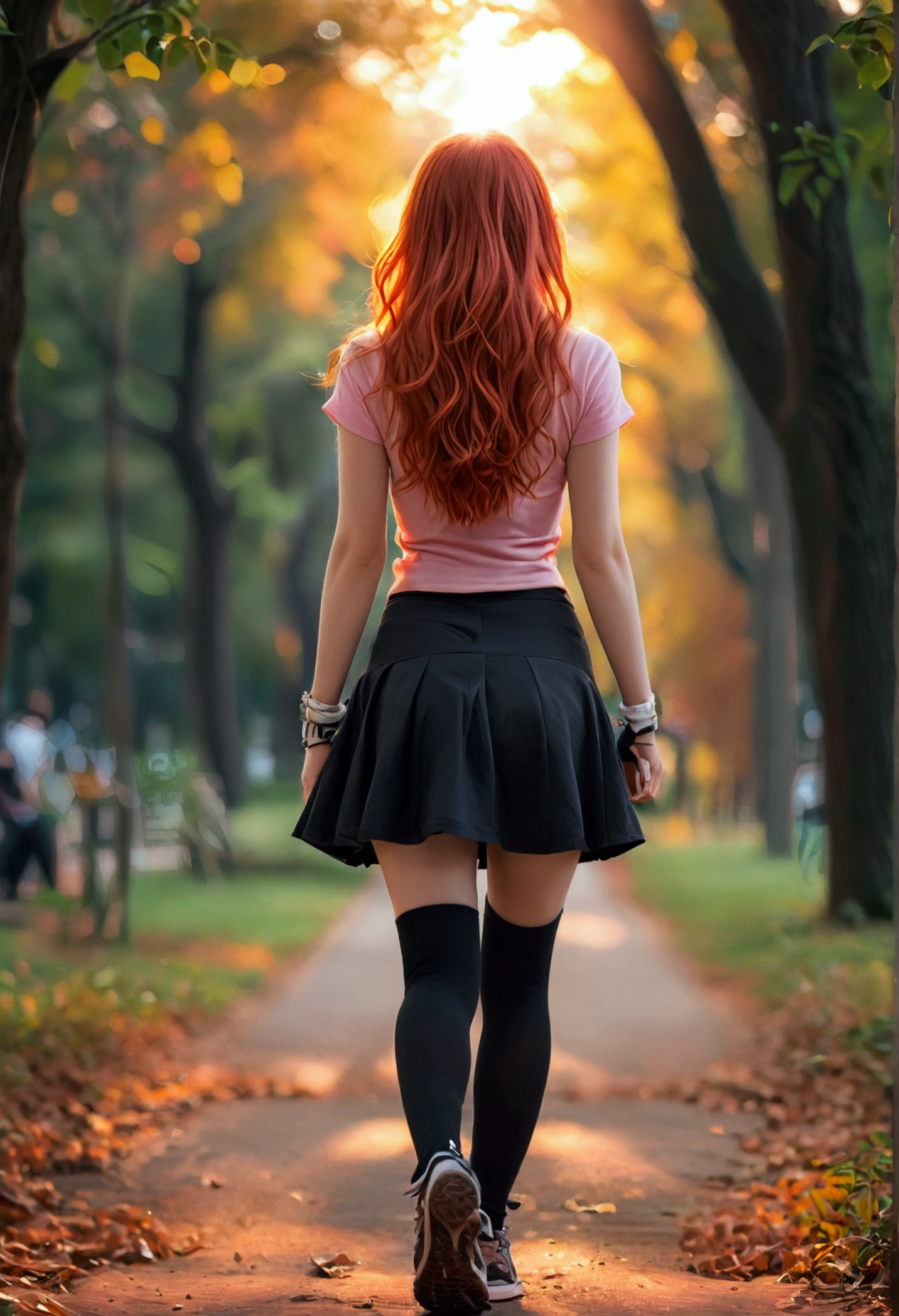 ultra realistic, photography, long straight red hair, girl, 24 years old, hourglass figure, perfect body, small breasts, Flirty look, extremely detailed artgerm, in the style artgerm, she is facing the camera, lens 35 mm, blur background, she is walking through the park at dawn towards the camera, wearing a pink top, a black short skirt, thigh socks and sneakers,