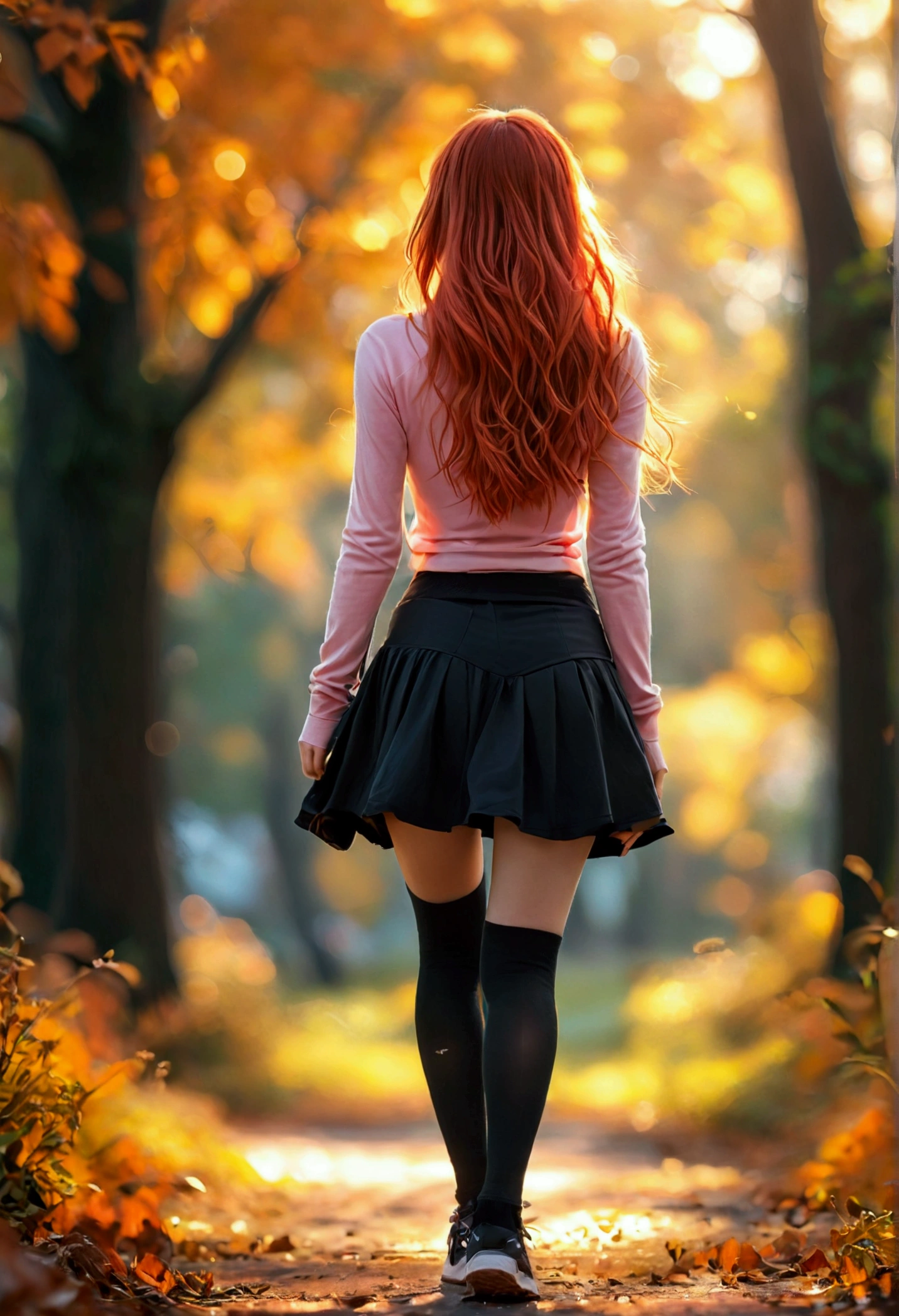 ultra realistic, photography, long straight red hair, girl, 24 years old, hourglass figure, perfect body, small breasts, Flirty look, extremely detailed artgerm, in the style artgerm, she is facing the camera, lens 35 mm, blur background, she is walking through the park at dawn towards the camera, wearing a pink top, a black short skirt, thigh socks and sneakers,