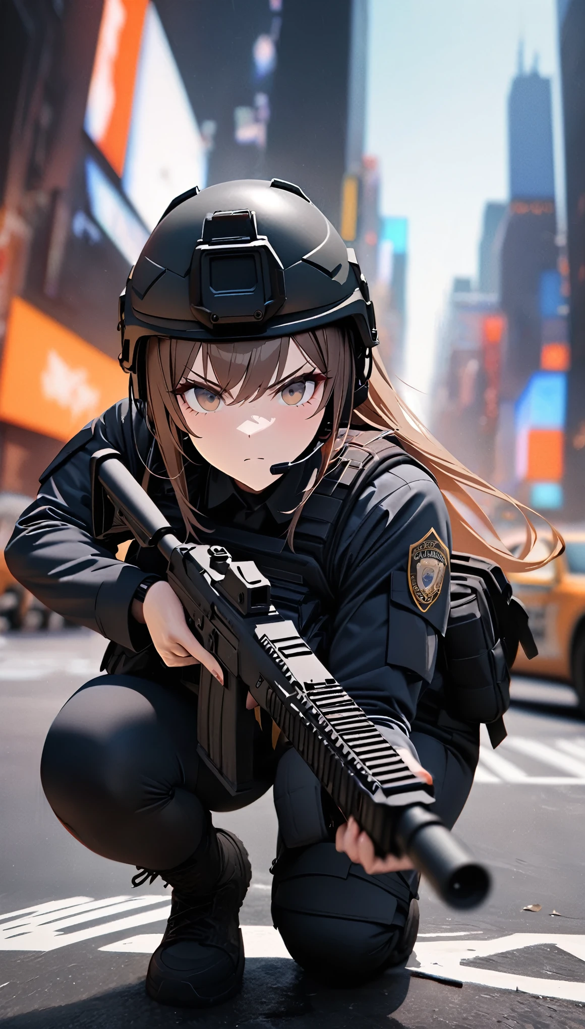 (masterpiece,Highest quality,Highest quality,Super detailed,High resolution),8k,wallpaper,One Woman,American Woman,Brunette,(Beautiful Eyes,Beautiful Hair,Beautiful Skin,Beautiful Face),Serious,whole body,(((Crouch down and aim your gun))),(Dynamic Movement),((pistol)),New York City Police Department Special Forces Uniform,Bulletproof vest,Combat Boots,Tactical Forster,Tactical Headset,Tactical Helmet,(The background is New York City:1.6),(((Background Blur)))