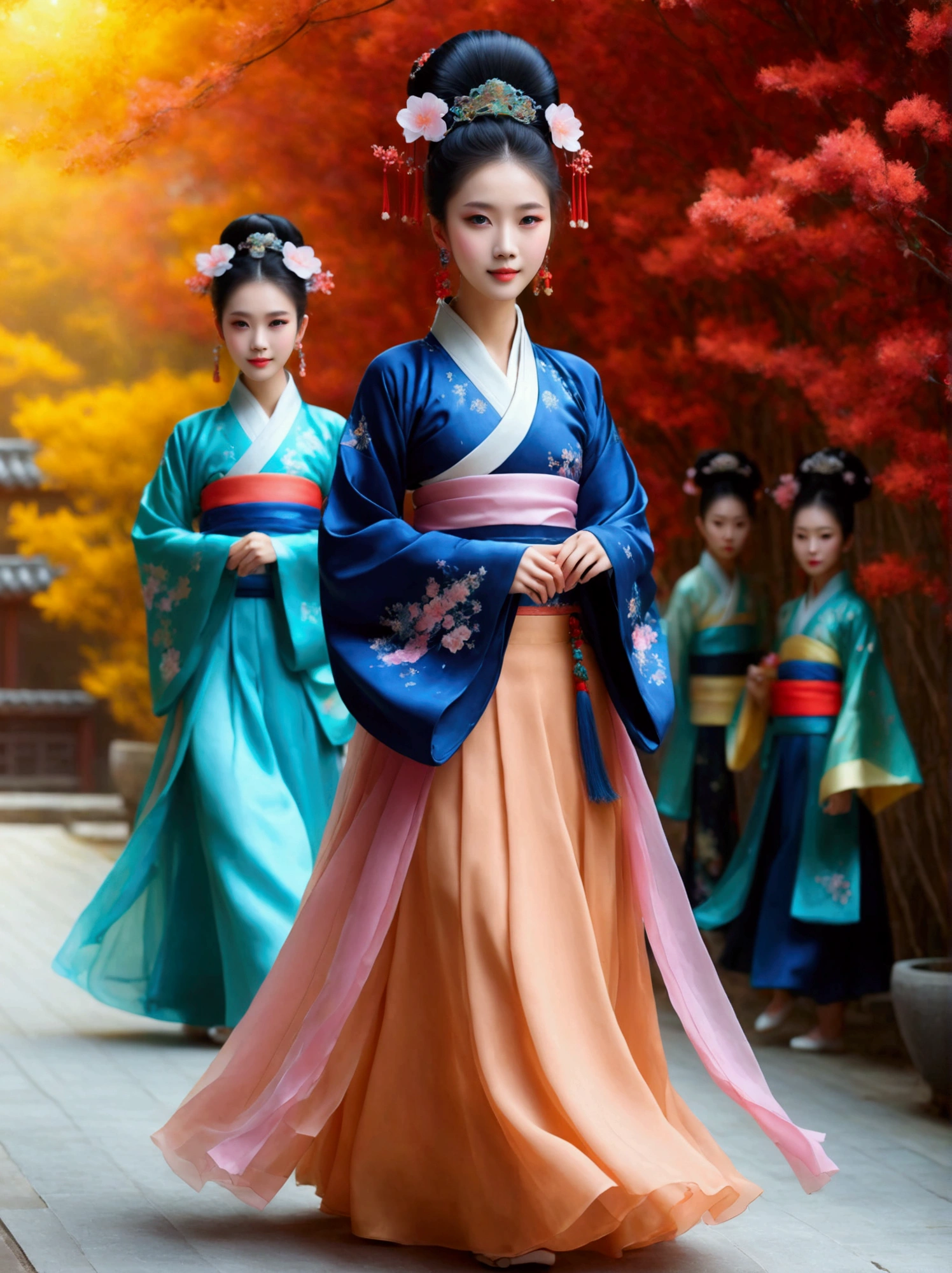 by Julien Arnal，Abstract Pictorial，Cartoon illustration，Sequins，Ambilight，Healing gouache，Starry Sky，Dark night shimmer，Youth Manga,Bright tones,gorgeous,Beautiful illustrations，Morandi color tone，Beautiful model catwalk，Performing dance steps。Wearing Ming Dynasty Hanfu，玫瑰Long skirt，Princess dress，gorgeous复古宫廷风格连衣裙，Long skirt，超Long skirt，- Wide hem，Long skirt下摆接近地面，The style is a high-end dress from the Hanfu Fashion Week，Haute couture，Private custom，Fashion show model，Big show，Tulle accessories on skirt。Necklace on the neck，short hair，Hair up，Headdress，big eyes，It's beautiful，((There was only one female model on the catwalk))，Men and women make up a large part of，The runway is covered with flowers，Background covered with flowers，Female model with a smile on her face，Standing，Elegant and dignified posture，8k，Ultra HD，masterpiece，precise，Textured Skin，High Detail，Best quality，Awards，Long Shot，Sense of distance，(Vector illustration:1.5)