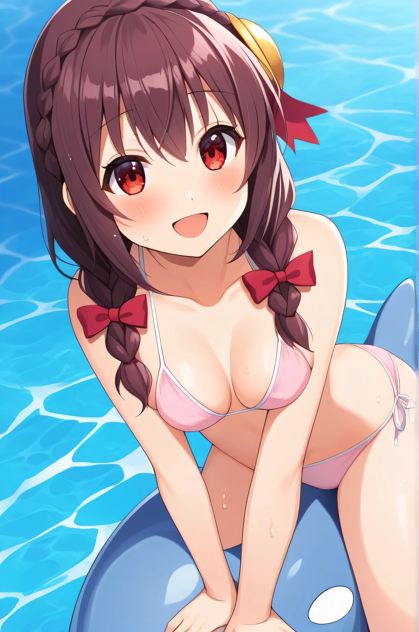 alone, One girl, Yunyun、blush 、View your viewers, Crown braids of the same color as your hair, Red Eyes、hair ornaments, Hair Ribbon, (White and pink bikini)、(Girl riding a dolphin float in the pool)、So wet、(A happy look:1.5)