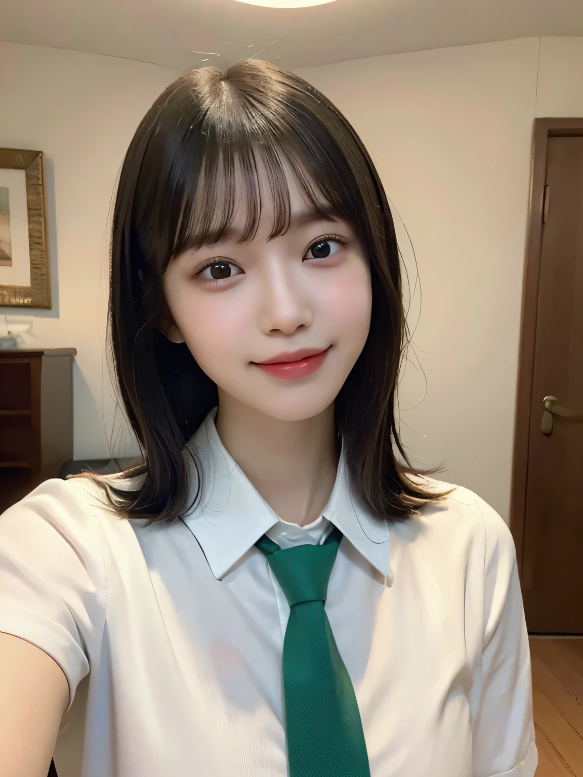 1 person, , full body photo, slender, Japanese female, white drool coming out of the mouth, smile, short bob cut, fair skin, super cute, soft and nice face, 8K resolution, surreal, ultra high resolution, A cup poor Breasts ((highest resolution, Masterpiece: 1.3)), super thin face, super thin lips, beautiful eyes, double eyelids, girl tall, thighs, thin, thighs visible, well-shaped small breasts, smile, green tie, white shirt,