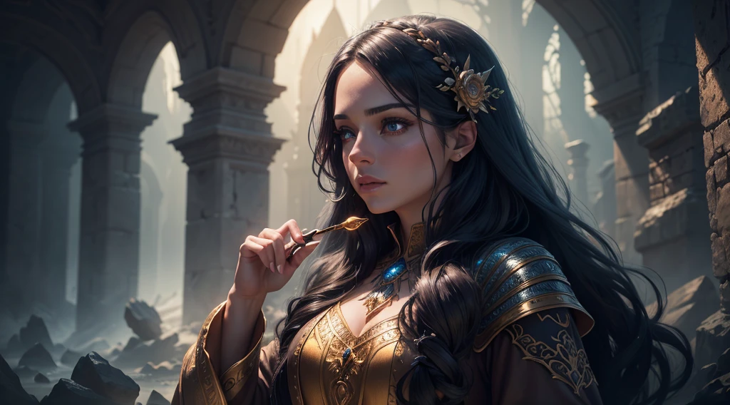 a woman with long hair, magic, with a magic wand, beautiful detailed eyes, beautiful detailed lips, extremely detailed eyes and face, long eyelashes, fantasy, cinematic lighting, vibrant colors, digital painting, highly detailed, 8k, (best quality,4k,8k,highres,masterpiece:1.2),ultra-detailed,(realistic,photorealistic,photo-realistic:1.37),dramatic lighting,intricate details,cinematic composition,mystical atmosphere,fantasy landscape,volumetric lighting,dramatic shadows,rich textures,vibrant palette,impactful perspective