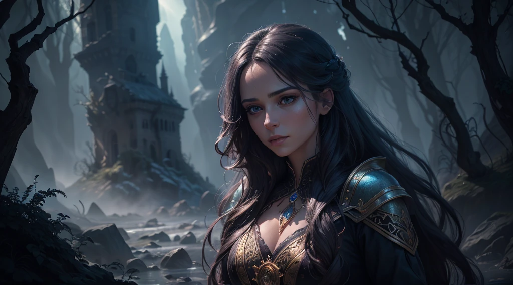 a woman with long hair, magic, with a magic wand, beautiful detailed eyes, beautiful detailed lips, extremely detailed eyes and face, long eyelashes, fantasy, cinematic lighting, vibrant colors, digital painting, highly detailed, 8k, (best quality,4k,8k,highres,masterpiece:1.2),ultra-detailed,(realistic,photorealistic,photo-realistic:1.37),dramatic lighting,intricate details,cinematic composition,mystical atmosphere,fantasy landscape,volumetric lighting,dramatic shadows,rich textures,vibrant palette,impactful perspective