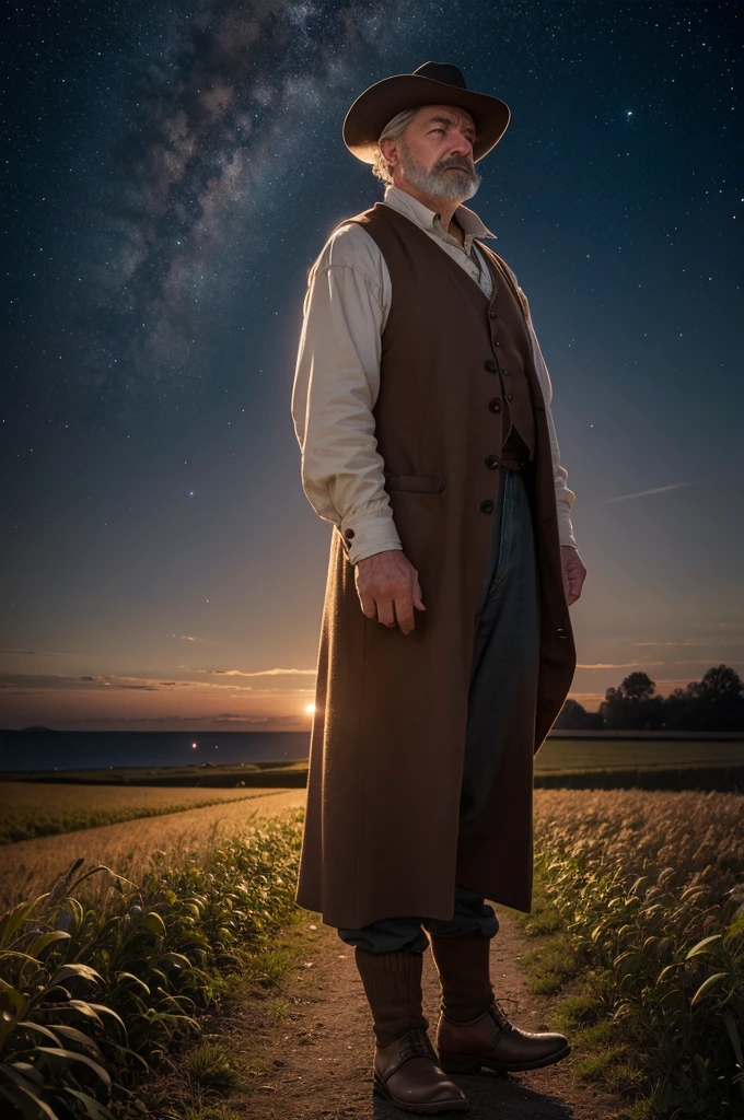 Image of a 19th century farmer observing the horizon, followed by a recreation of the lights in the sky.