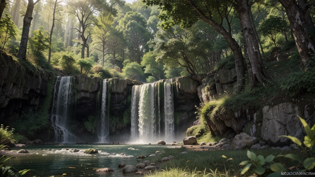 A lush, verdant forest, towering ancient trees swaying gently, a majestic waterfall cascading down a towering cliff, sunlight filtering through the canopy, creating a dreamlike, serene atmosphere, highly detailed, photorealistic, masterpiece quality, 8K resolution, 8x upscale