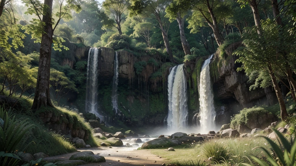 A lush, verdant forest, towering ancient trees swaying gently, a majestic waterfall cascading down a towering cliff, sunlight filtering through the canopy, creating a dreamlike, serene atmosphere, highly detailed, photorealistic, masterpiece quality, 8K resolution, 8x upscale