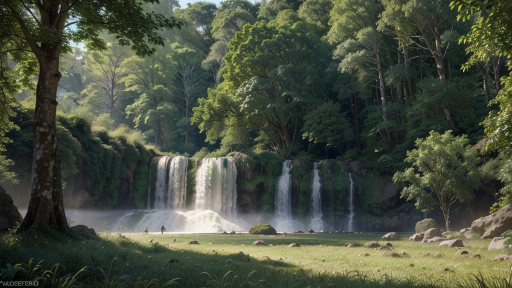 A lush, verdant forest, towering ancient trees swaying gently, a majestic waterfall cascading down a towering cliff, sunlight filtering through the canopy, creating a dreamlike, serene atmosphere, highly detailed, photorealistic, masterpiece quality, 8K resolution, 8x upscale