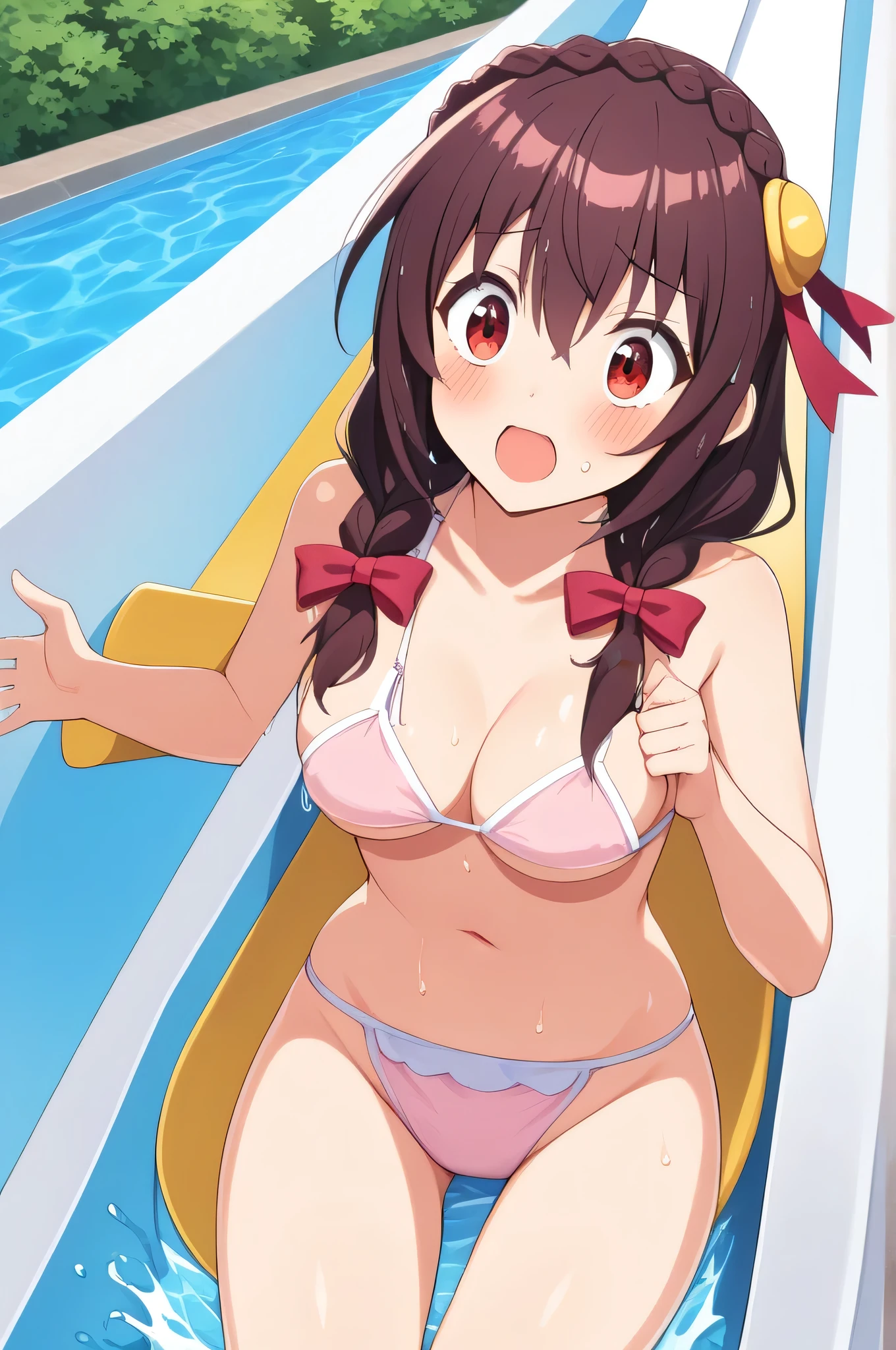 alone, One girl, Yunyun、blush 、View your viewers, Crown braids of the same color as your hair, Red Eyes、hair ornaments, Hair Ribbon, (White and pink bikini)、(Sliding down a water slide at a pool)、So wet、(Surprised expression:1.5)、water(Splashes)