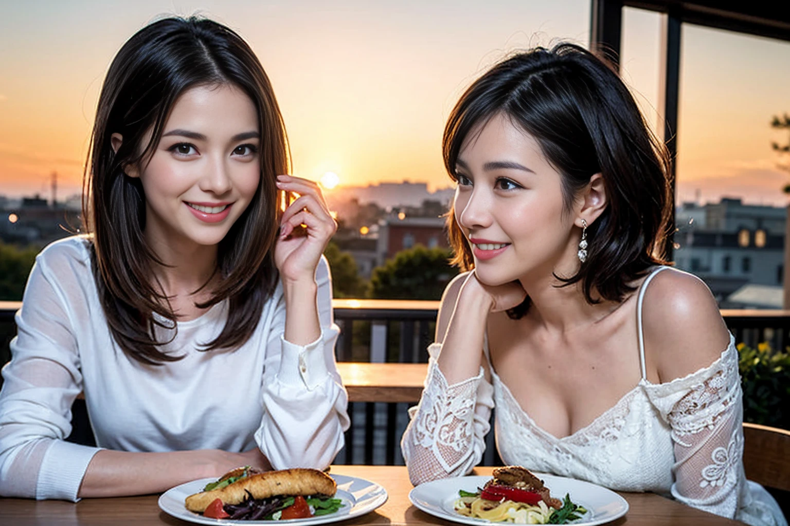 (Realistic:1.1),(masterpiece,Highest quality),8k,(44 years old), 47 years old, Lovers、Happy Couple、Model Couple、Actress/Actor、Tight waist,Upper Body,full-course dinner、wine 、Amazing view of the sunset sky and clouds、Perfect Anatomy, Brown Hair, short hair,Random Hairstyles,((Highly detailed face and eyes:1.2))(cute顔:1.4),Beautiful actress face,Perfect golden ratio face,Long sleeve shirt、dress,(smile:1.2)、Shortcuts、cute、(Realistic, Intricate details:1.2), A bright smile、short hair,Bright Face、赤wine 、Appetizers、Italian food、wine bottle、Champagne、スパークリングwine、(slimな顔), (The body is slim), (Brown Hair), (Shortcuts), Upper Body, 白wine, slim, wineグラス,