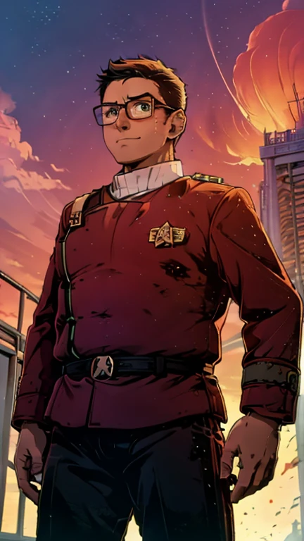 (Teens:1boy: chubby,Tintin,twokunf uniform), (extremely detailed CG unit 8k wallpaper),(master part), (best quality), (ultra detali), (best illustration),(melhor ombre), cowboy shot, (Sharp eyeliner, ombre, detailed eyes:1), Starship bridge background, ,break , (star15escola:1.2), upper body,short hair, black hair, 1man,1boy, red top, black pant, glasses 