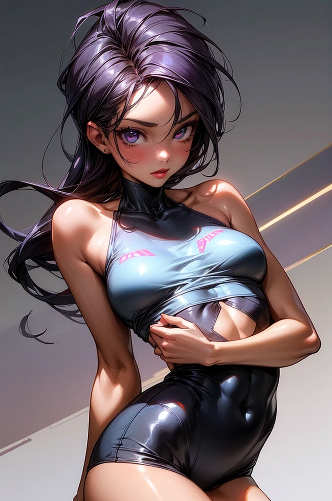 ((highest quality)),(ultra high resolution),(Super detailed), (best work of art), (1 young girl:1.5), beautiful and well-shaped face:1.5,(Beautiful skin with precise and detailed depiction:1.6),(sports bra and waist band nylon shorts ),gorgeous, masterpiece, best quality, high-resolution, finely detailed, extremely detailed and beautiful, distinct-image, hourglass figure,, 1 girl, 18 year old teenager, solo, sharp facial features, oval shaped face. cherry red lips,. velvet-colored eyes, C-cup breasts, tall height(175cm), slim curves, toned body type, flowing waist length ink-black dark violet hair, small narrow waist, long and slender legs, curvy wide hips, modern athletic setting, lightly tanned white skin
