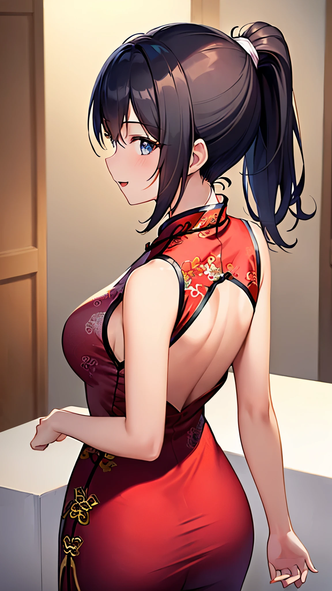 (((Masterpiece))),(((Best quality))),((Super detailed)),(illustration), teenagrl,Black hair and blue eyes girl,Happy expression,Eyes looking elsewhere,(With your back to the audience),Wearing red cheongsam,Wearing pants,A long ponytail,((The girl is tying her ponytail with both hands raised)),((Wearing red cheongsam)),Stand in front of the wardrobe,Black hair