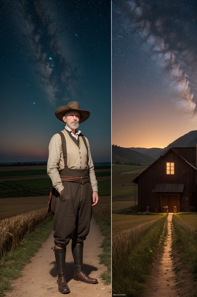 Image of a 19th century farmer observing the horizon, followed by a recreation of the lights in the sky.