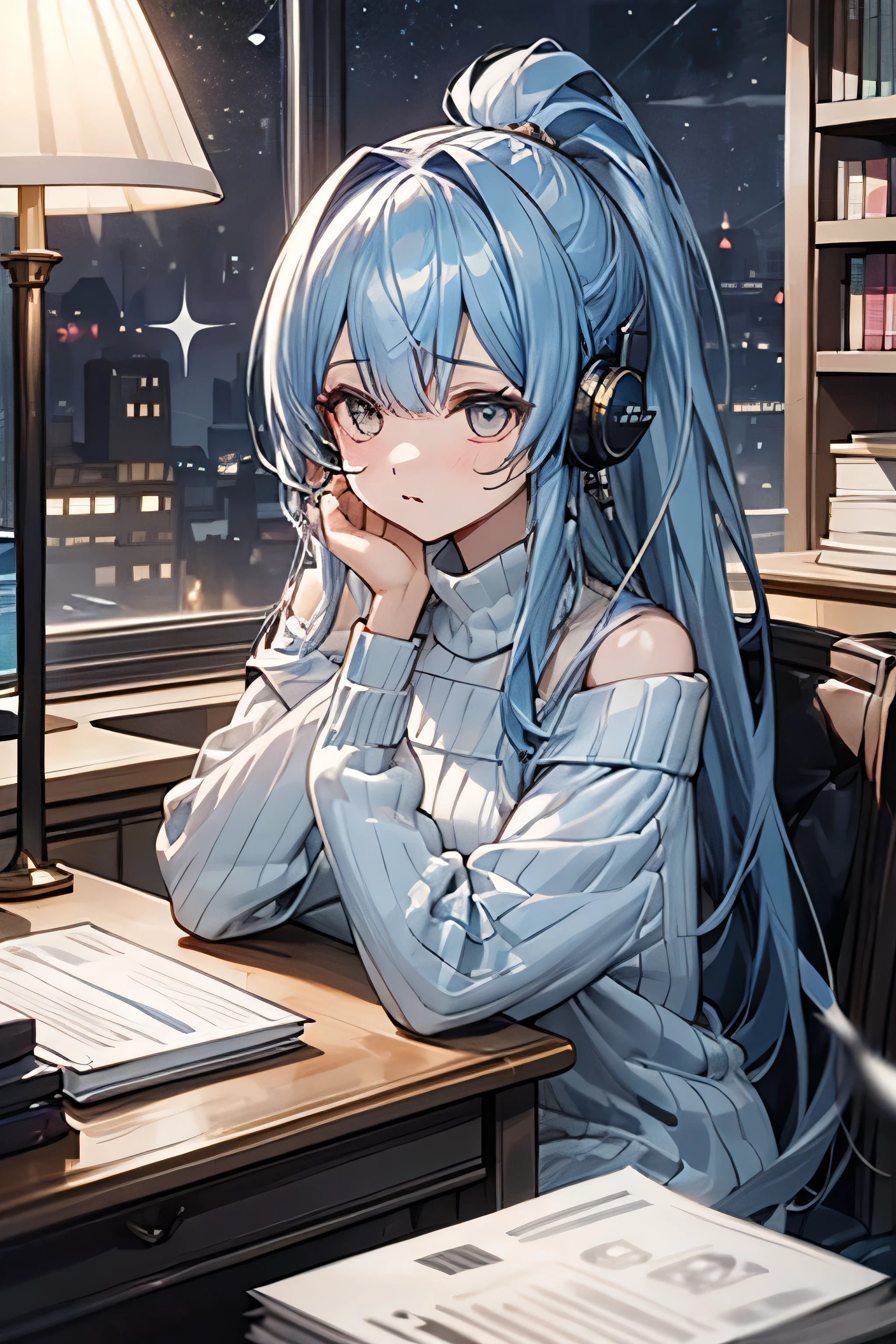 ((Highest quality)), ((masterpiece)), (detailed), One girl, Off-the-shoulder sweater, A girl named Lohi, with a focused expression, is studying late at night on her laptop at a desk. She is wearing headphones, and the scene is styled like a recent anime. The room is dimly lit by a small desk lamp, casting a warm glow on her face and workspace. She has long hair tied back in a ponytail and is wearing casual, comfortable clothes. Her desk is cluttered with books, papers, and a cup of coffee. Outside the window, the night sky is visible with a few stars twinkling. The atmosphere is quiet and studious, with a hint of determination in her eyes.