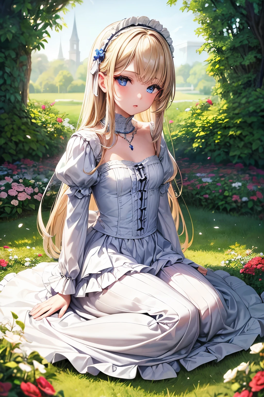 masterpiece,Highest quality,Very detailed,beautiful girl,White Gothic Lolita Dress,necklace, teenager, (full body),Blonde,blue eyes,Perfect Face,Beautiful and detailed eyes,Beautiful Skin,skinny,Dynamic,Outdoor,Beautiful flowering garden