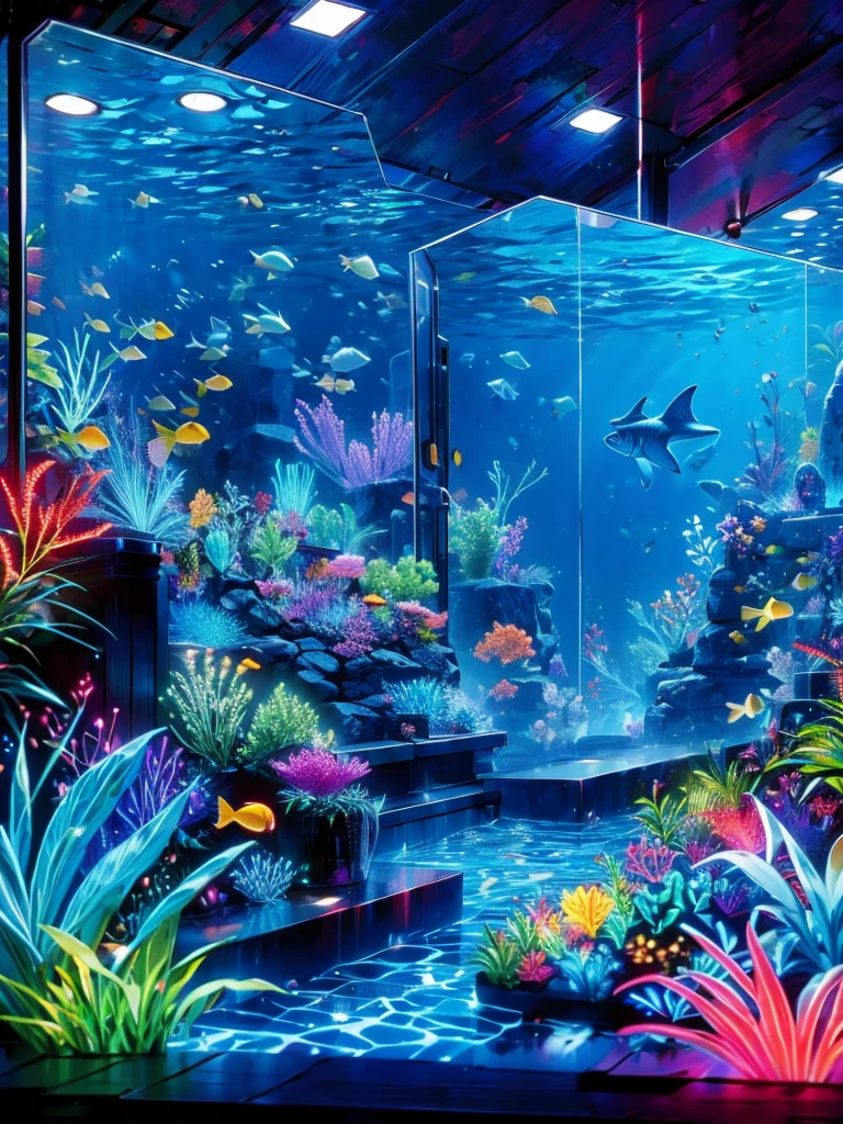 Masterpiece,Best image,aquarium,(((unmanned))),Large aquarium,aisle,