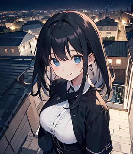(masterpiece),(Highest quality), Official art, (One girl, solo:1.0),perspective,
walk,View your viewers,A kind smile,
Straight,View your viewers,Upper Body, From above,Symmetric,
Exterior,Night Sky,(at night),Depth of written boundary, horizon,On the roof,Large Breasts、Long black hair