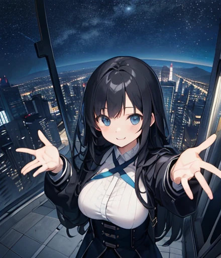 (masterpiece),(Highest quality), Official art, (One girl, solo:1.0),perspective,
walk,View your viewers,A kind smile,
Straight,View your viewers,Upper Body, From above,Symmetric,
Exterior,Night Sky,(at night),Depth of written boundary, horizon,On the roof,Large Breasts、Long black hair