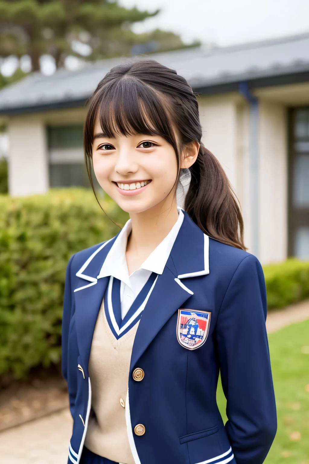 Japanese beautiful girl Middle school students Short Ponytail school uniform Navy Blue Blazer Check skirt smile