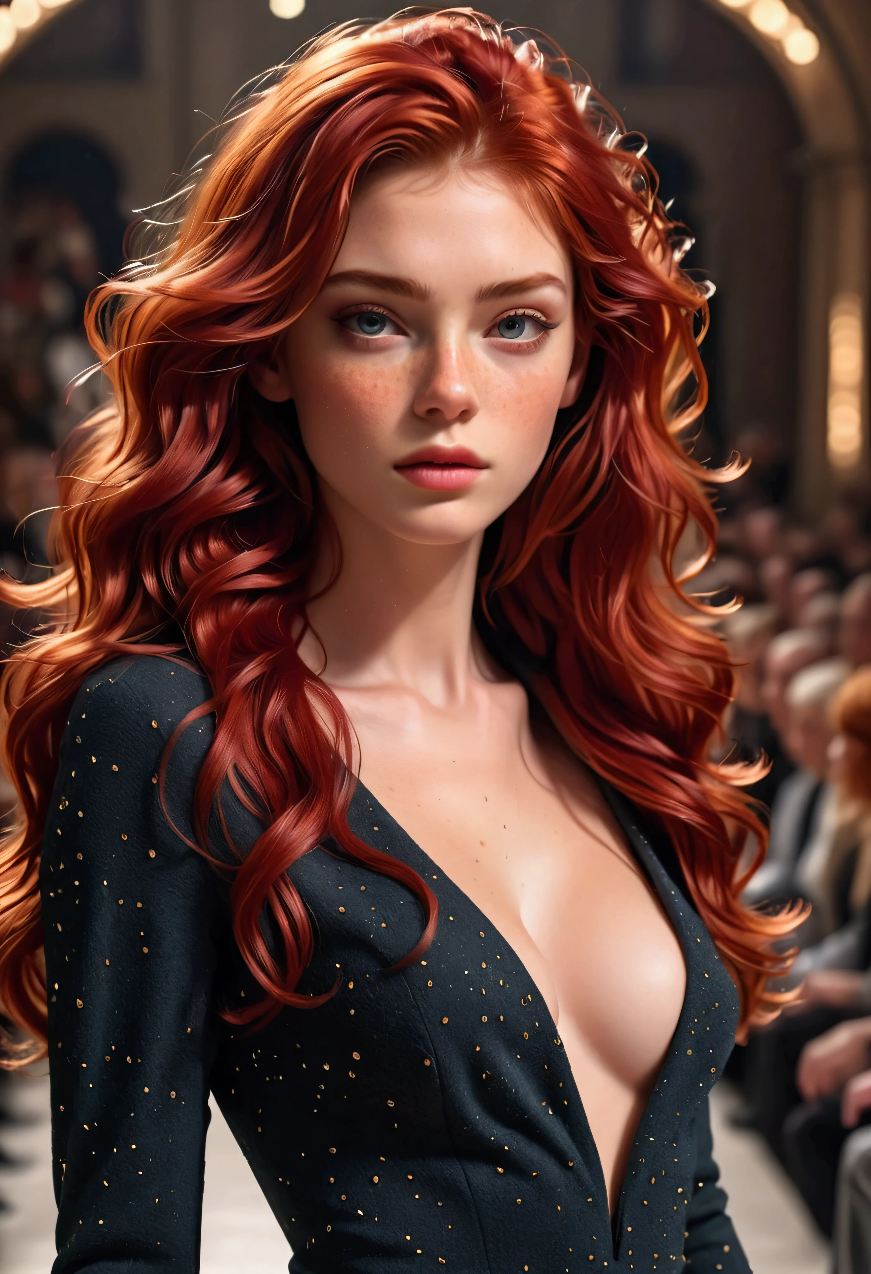 Create a breathtaking, ultra-high-definition image in 16K resolution that captures the elegance and innovation of a high-fashion runway scene, with a realistic photo aesthetic. | Visualize a stunning red-haired supermodel with flowing hair, beautiful eyes, an aquiline nose, and cute freckles across her cheeks. She exudes confidence and grace as she walks down the runway in avant-garde clothing. Her outfit is a bold and innovative design, blending unique fabrics, shapes, and textures to create a captivating and artistic ensemble. | The scene is set on a high-fashion runway, with dramatic lighting that highlights the model and her outfit. The background features an audience of fashion enthusiasts and critics, seated in rows, their attention focused on the model. The runway itself is sleek and reflective, adding a modern and sophisticated touch to the scene. | Capture the model in a dynamic pose, showcasing the movement and flow of her avant-garde attire. Her expression should convey a sense of poise and allure, as she confidently strides down the runway. The camera angle should emphasize her full body, highlighting the intricate details of her outfit and her statuesque figure. | The overall ambiance should integrate vibrant colors and rich details, creating a sense of depth and immersion in this high-fashion world. Ensure anatomical correctness, with a focus on ultra-detailed textures and high-quality rendering, capturing every nuance of the model's appearance and the avant-garde fashion design. This masterpiece should embody the spirit of innovation and elegance, immersing viewers in its lifelike depiction. | Keywords: (red-haired supermodel:1.3), ((realistic photo)), ((cute freckles):1.2), ((aquiline nose):1.2), ((beautiful eyes):1.2), ((avant-garde fashion)), ((fashion runway)), ((dynamic pose)), ((dramatic lighting)), ((detailed textures)), ((high quality)).