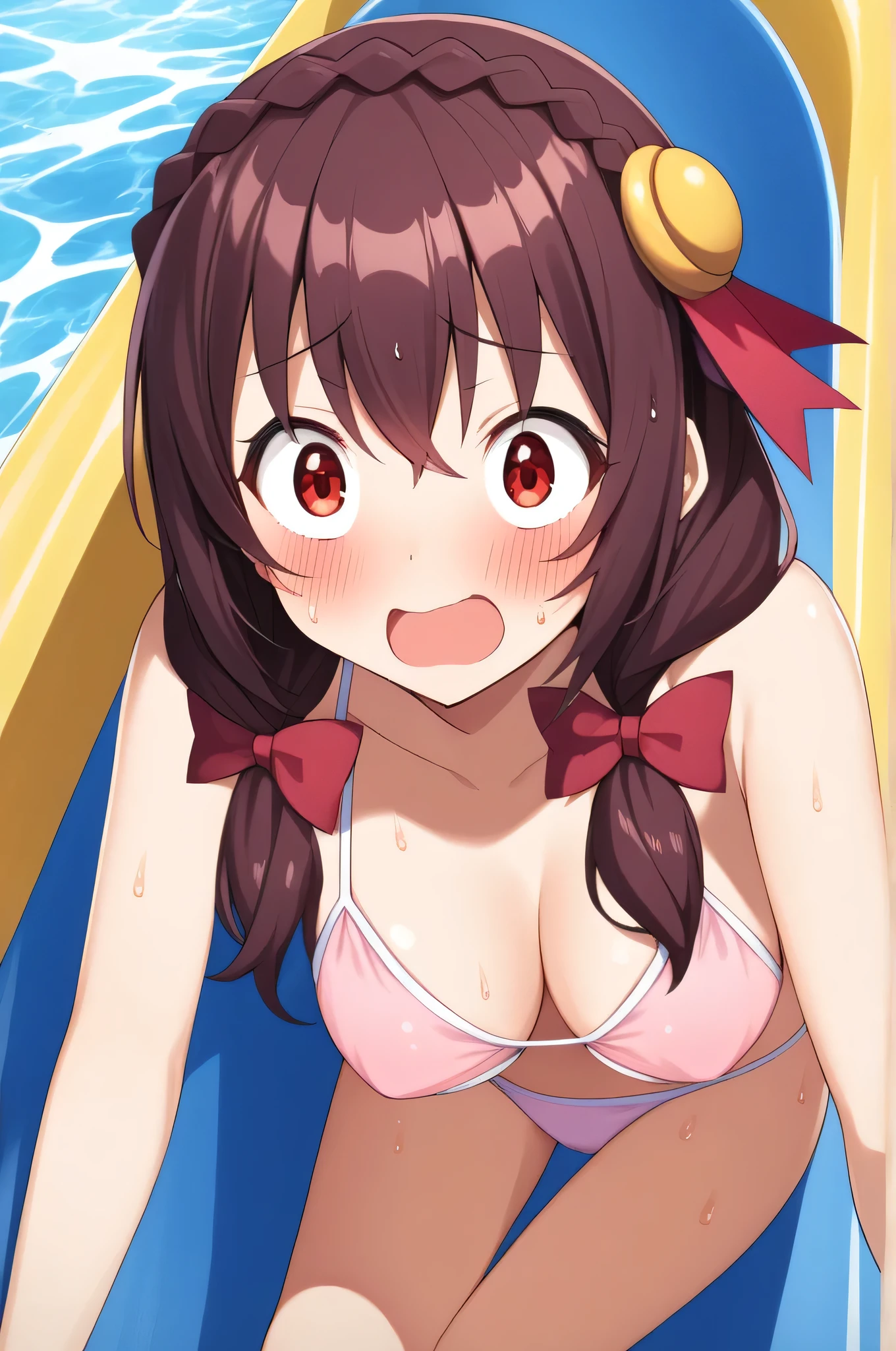 alone, One girl, Yunyun、(blush:1.2) 、View your viewers, Crown braids of the same color as your hair, Red Eyes、hair ornaments, Hair Ribbon, (White and pink bikini)、(Sliding down a water slide at a pool)、So wet、(Surprised expression:1.5)、(Lots of splashes:1.2)