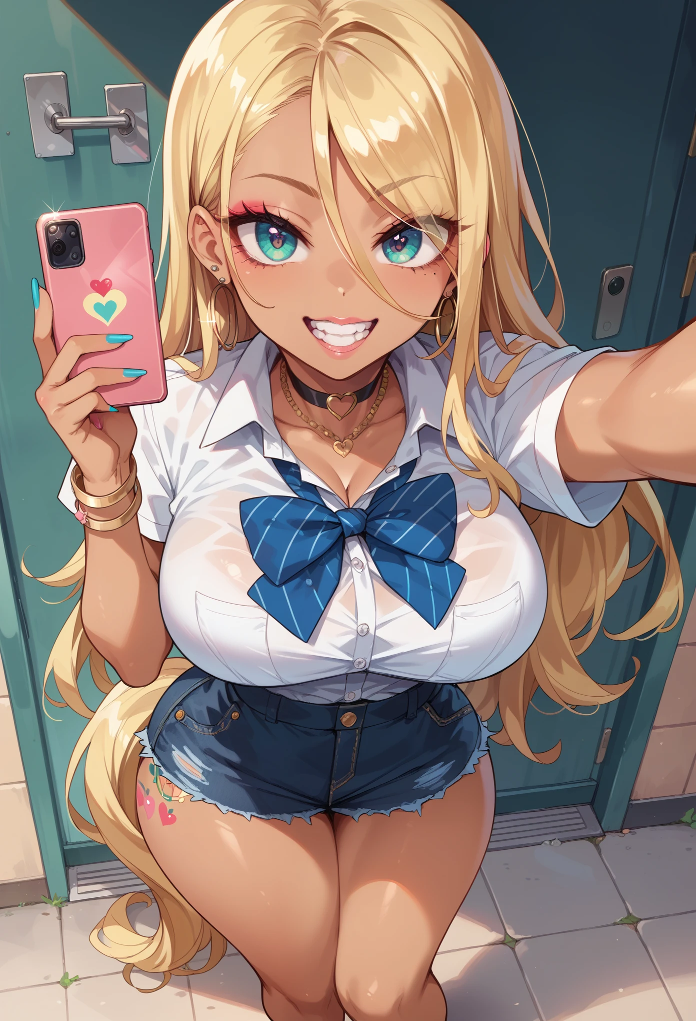 (masterpiece:1.2), super detailed, jaw-dropping beauty, large breasts, 1girl, gyaru, Thin waist and thick hips, massive lashes, long blonde hair, pony tail, hair down, (from above, facing forward:1.5), selfie, upward glance, glance up, hands up