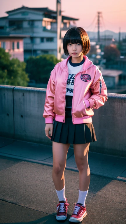 Girl with flamboyant appearance and rebellious attitude, Japanese, , delinquent girl, alone, gal style with emphasis on cuteness, jacket, extremely short skirt, sneakers, bobbed hair, beautiful eyes with details, looking at the viewer, lonely expression, solitude, old Hakodate townscape in background, summer, evening, sunset A scene from a movie, realistic, 8K, masterpiece, ultra high resolution, RAW photo, highest image quality,