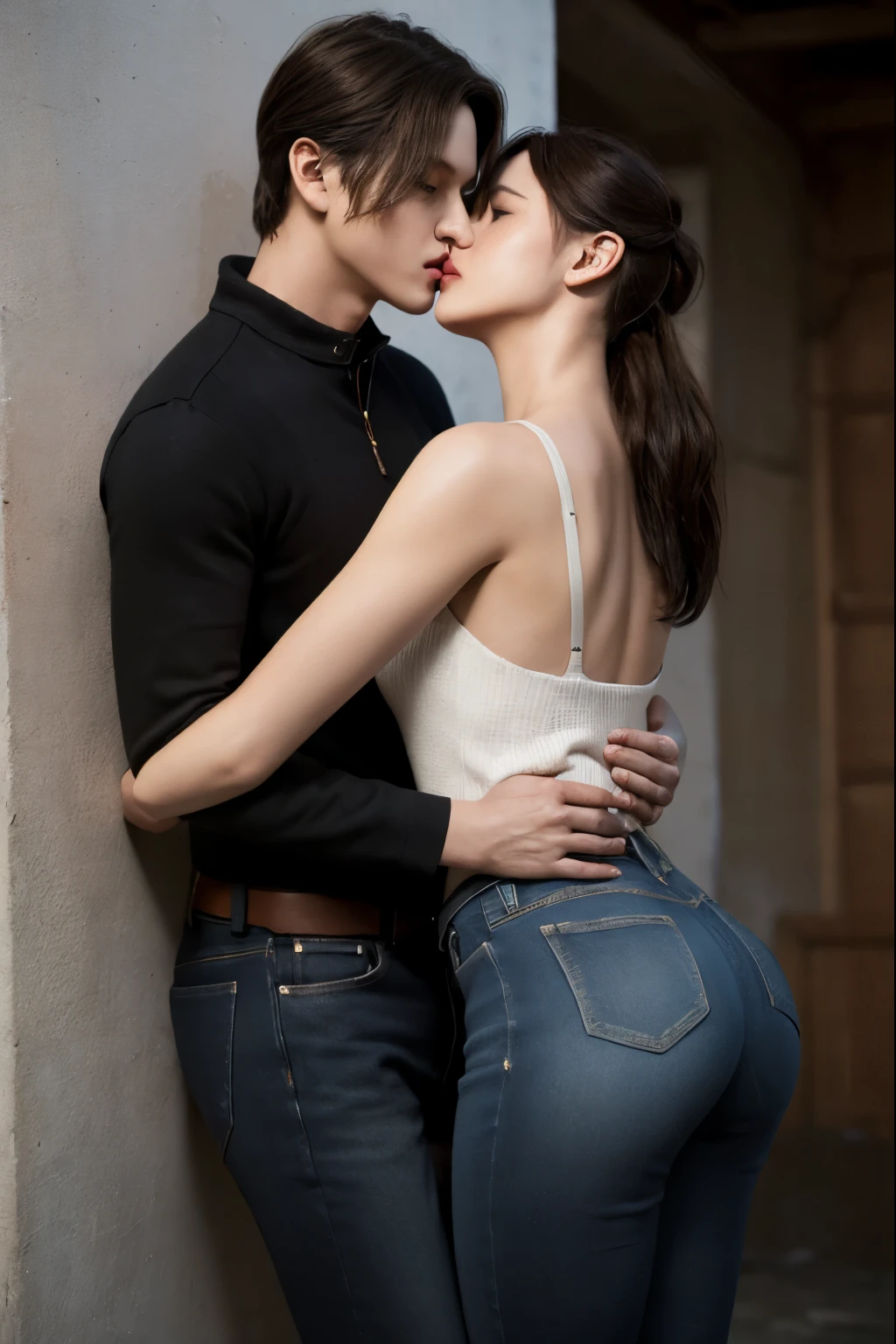 (masterpiece quality), 1girl and 1man Leon, kiss and hug, claireredfield2, wear jeans, side view