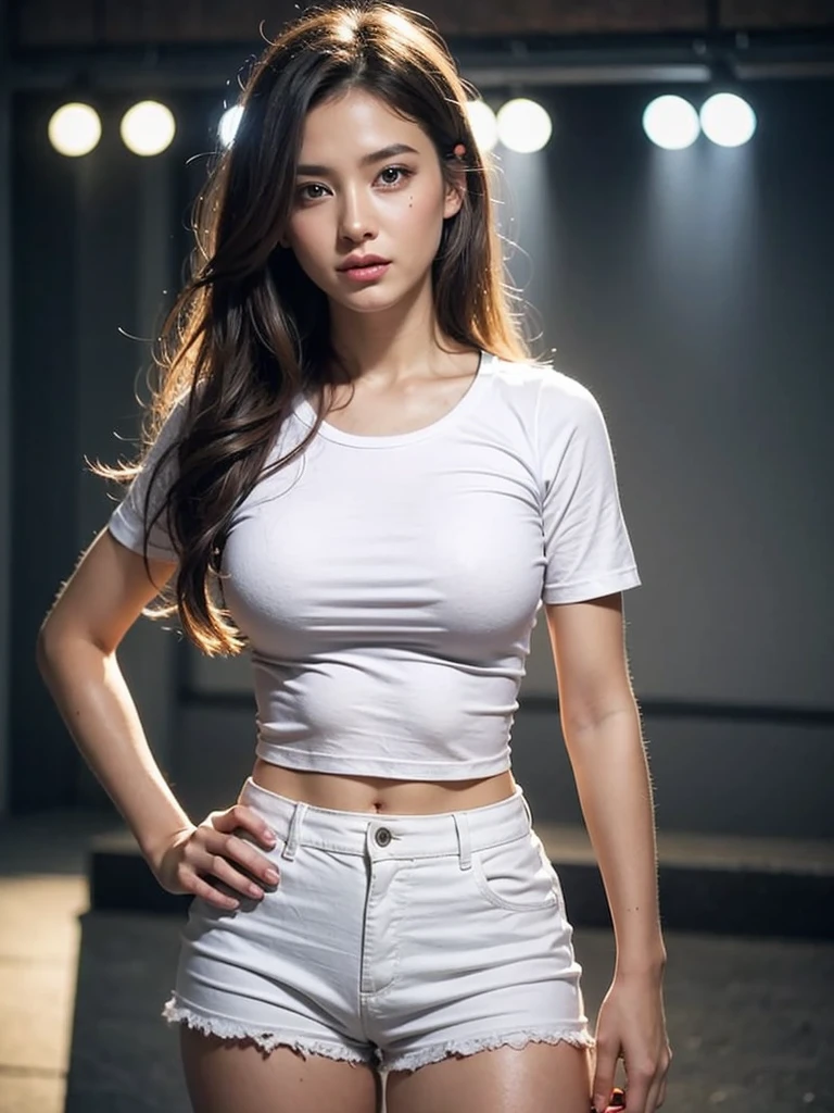 (((Open Stance)))、 ((White lace T-shirt)), Gazing at the audience、((White shorts))、Standing with legs open to the sides、((Sexy young woman's body:1.4)),Low - Angle、