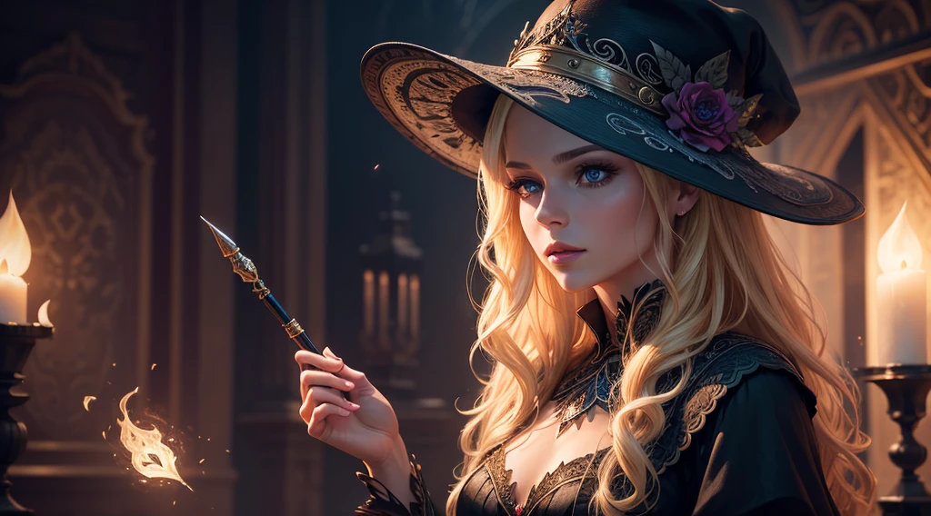 A beautiful blonde woman, magical with a hat and magic wand, detailed facial features, elegant dress, delicate hands, dramatic lighting, fantasy, dark moody atmosphere, intricate designs, cinematic composition, vibrant colors, realistic, photorealistic, masterpiece, 8k, high resolution