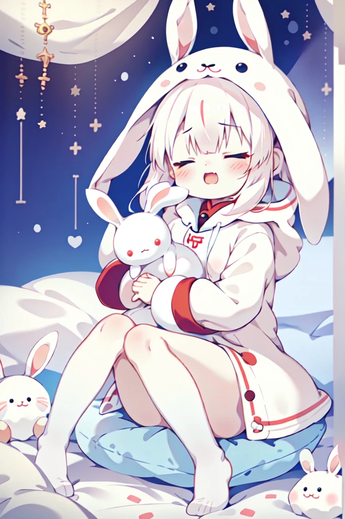 1girl, tiny rabbit stuffed, kigurumi, albino, close eyes, :3, sleepeace, marshmallow bed