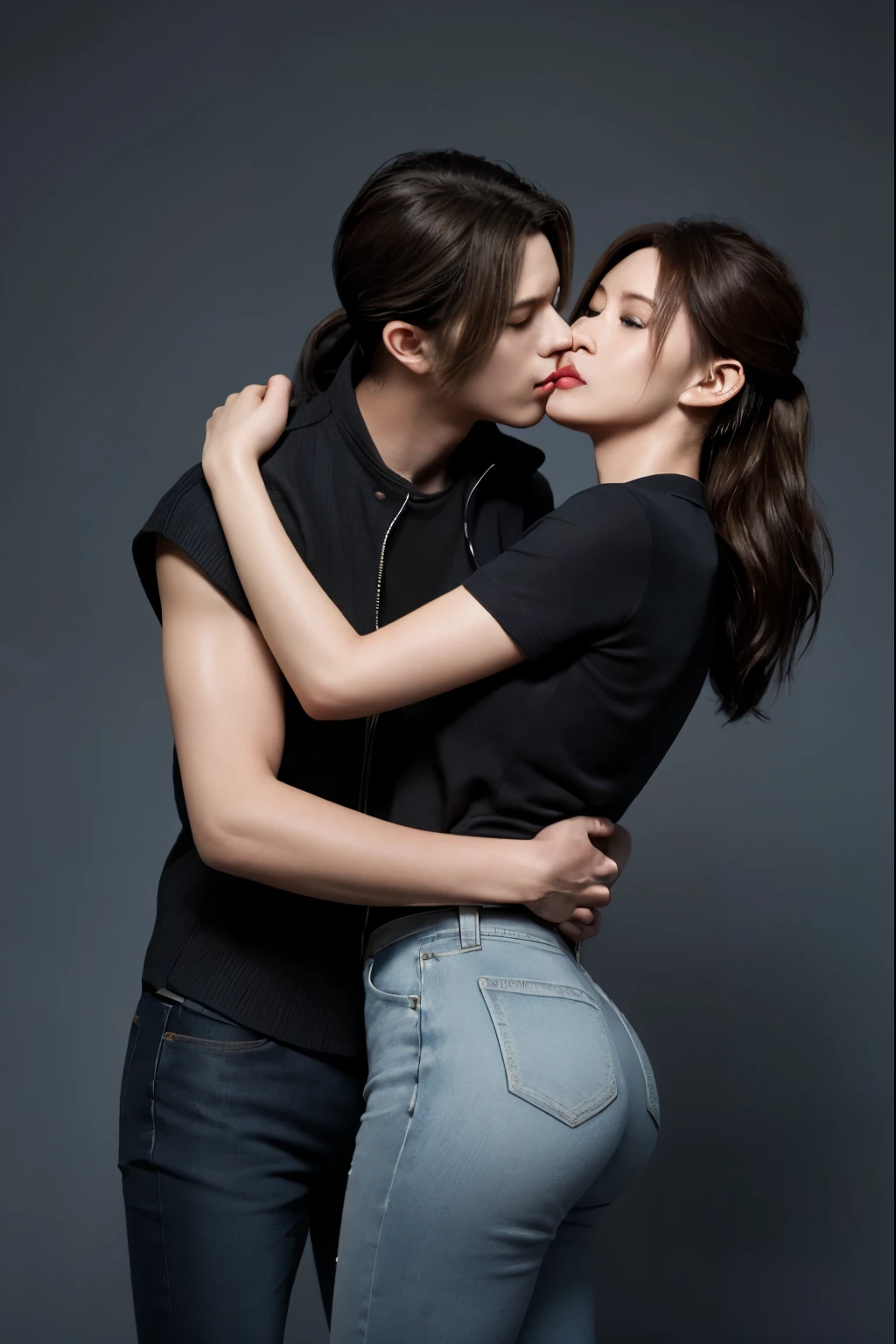 (masterpiece quality), 1girl and 1man Leon, kiss and hug, claireredfield2, wear jeans, side view