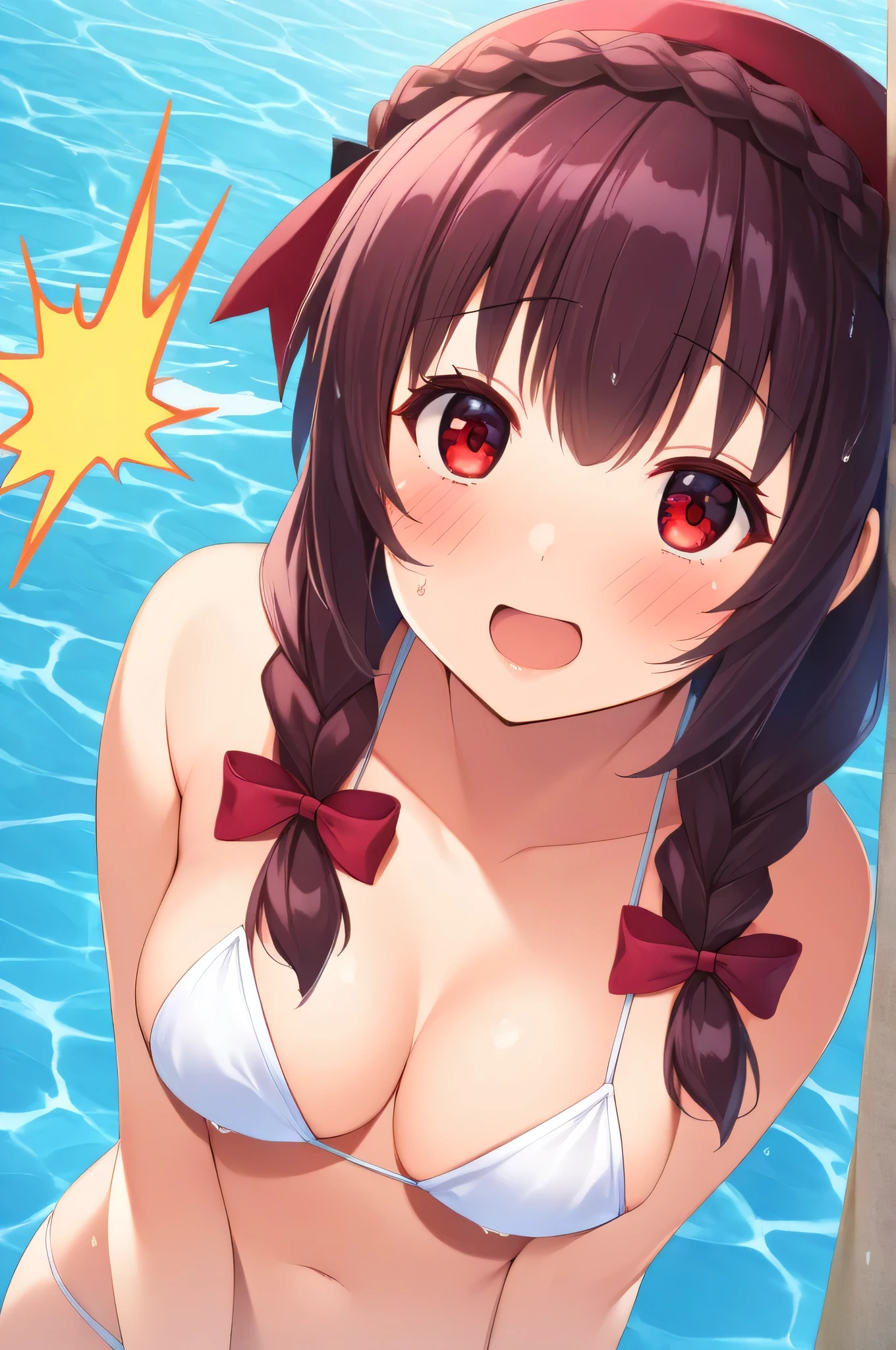 alone, One girl, Yunyun、(blush:1.2) 、View your viewers, Crown braids of the same color as your hair, Red Eyes、hair ornaments, Hair Ribbon, (White and pink bikini)、(Jumping vigorously into the pool)、So wet、(Surprised expression:1.5)、(Lots of splashes:1.2)