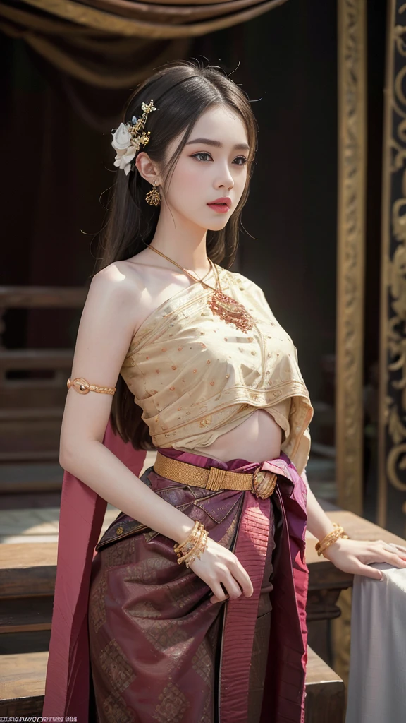 (raw photos:1.2), (realistic:1.4), (Masterpiece:1.3), (best quality:1.4), Ultra high resolution, (Detailed eyes), (Detailed facial features), (Detailed clothing features), HDR, 8K resolution, Focus only, Dressing according to Thai tradition, Traditional shawl , 1 woman , big breasts, A gigantic rift, big breastsดันเสื้อผ้า, big breast, Breasts are fully grown., Make your breasts bigger.., small waist, Long legs, Facing the audience, Full body, depth of field, Cinema-grade lighting system, big breasts, too big for your body, Showing a flat stomach,