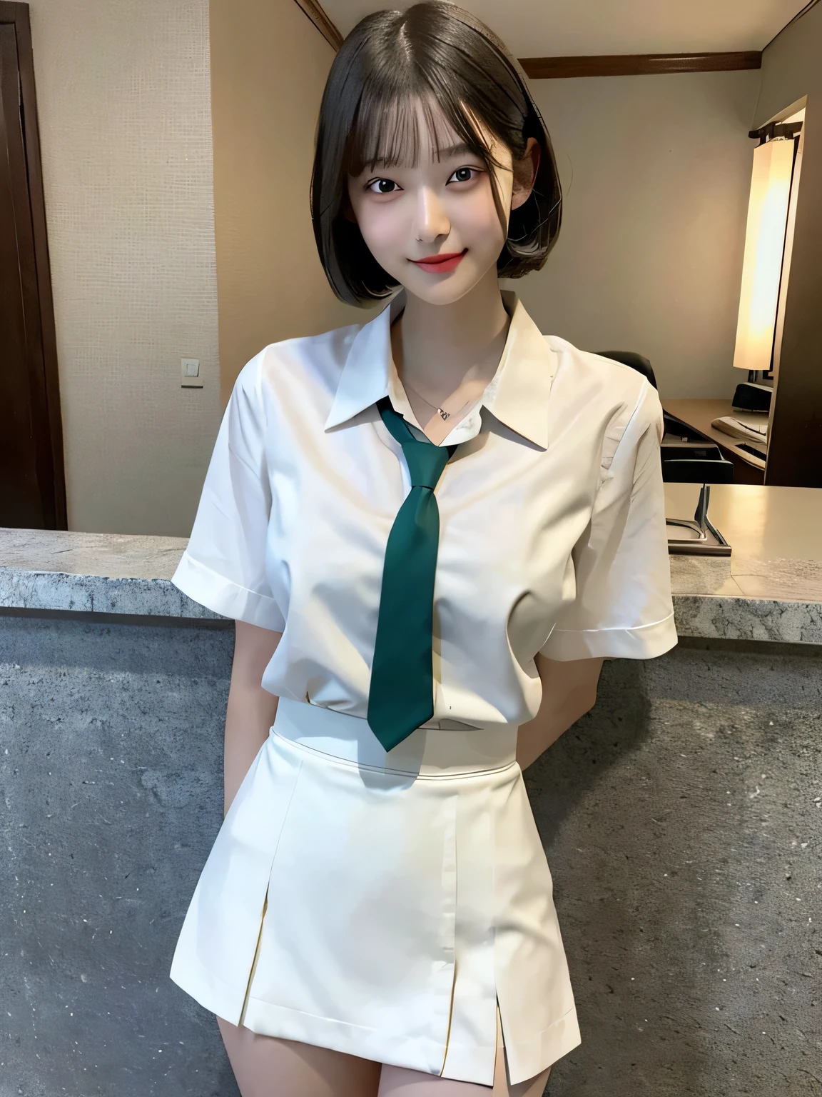 1 person, 11 years old, full body photo, slender, Japanese female, white drool coming out of the mouth, smile, short bob cut, fair skin, super cute, soft and nice face, 8K resolution, surreal, ultra high resolution, A cup poor Breasts ((highest resolution, Masterpiece: 1.3)), super thin face, super thin lips, beautiful eyes, double eyelids, girl tall, thighs, thin, thighs visible, well-shaped small breasts, smile, green tie, white Dress shirt, navy miniskirt