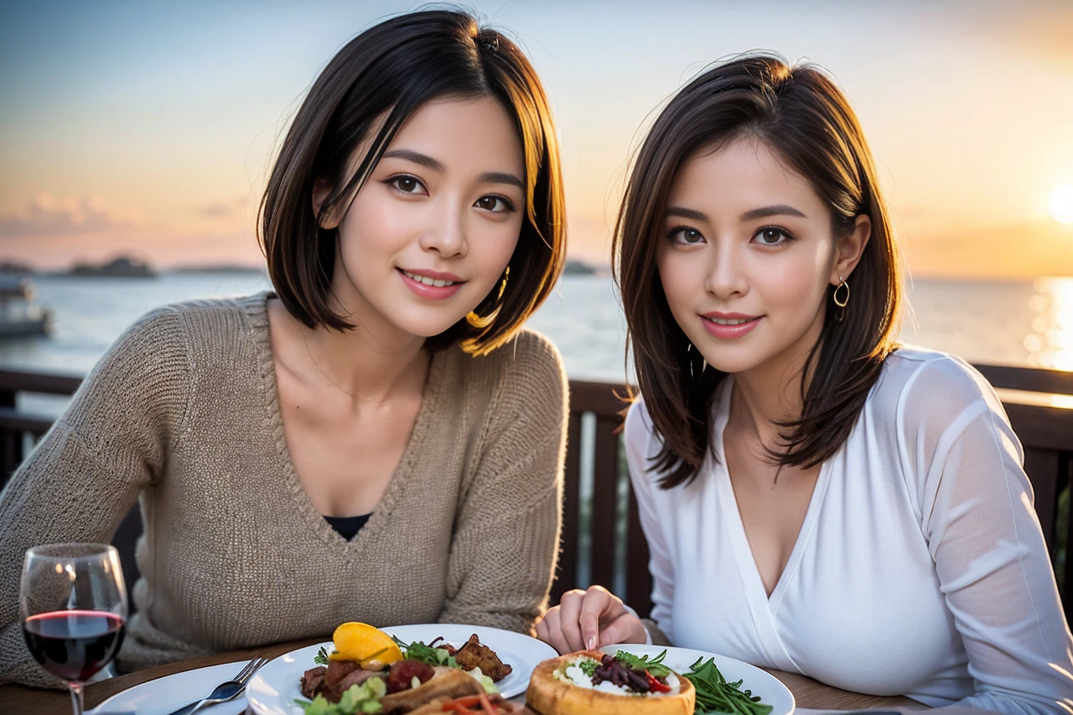 (Realistic:1.1),(masterpiece,Highest quality),8k,(44 years old), 47 years old, Lovers、Happy Couple、Model Couple、Actress/Actor、Tight waist,Upper Body,full-course dinner、wine 、Amazing view of the sunset sky and clouds、Perfect Anatomy, Brown Hair, short hair,Random Hairstyles,((Highly detailed face and eyes:1.2))(cute顔:1.4),Beautiful actress face,Perfect golden ratio face,Long sleeve shirt、dress,(smile:1.2)、Shortcuts、cute、(Realistic, Intricate details:1.2), A bright smile、short hair,Bright Face、赤wine 、Appetizers、Italian food、wine bottle、Champagne、スパークリングwine、(slimな顔), (The body is slim), (Brown Hair), (Shortcuts), Upper Body, 白wine, slim, wineグラス,