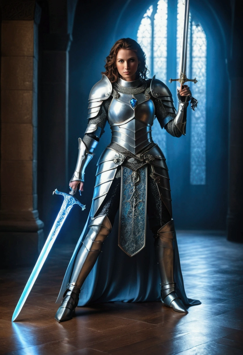 ((Full body photo, standing, on the floor)) a tall and strong woman in armor with a bluish glow, holding a white sword with a jewel at the tip of the dagger, best quality, High
