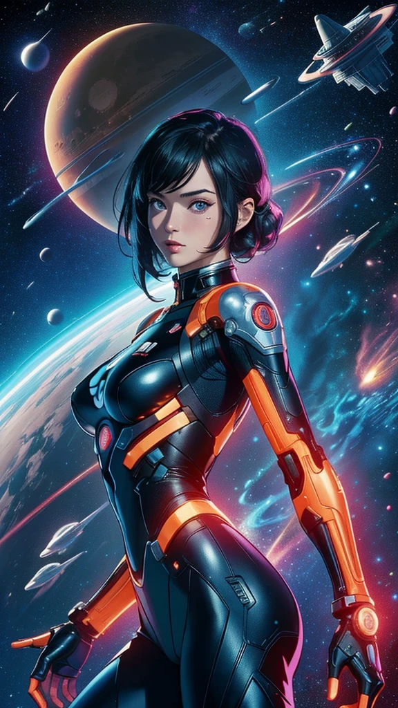 ((masterpiece, Highest quality)), 32K Wallpapers, Very detailed, posters, Vintage science fiction, 1960s,(((space thriller cinematic movie posters))), (Bauhaus), shape,Abstract, Midcentury Modern, movie posters, Vintage, A woman fused with a robot,アニメ,1970s,Halftone,Speech bubble,Milky Way,(superhero),((portfolio,close)),Cyborg of the Future,Combination of machine and woman,Space,Cyborg Lady,Big Breasts,Erect nipples,