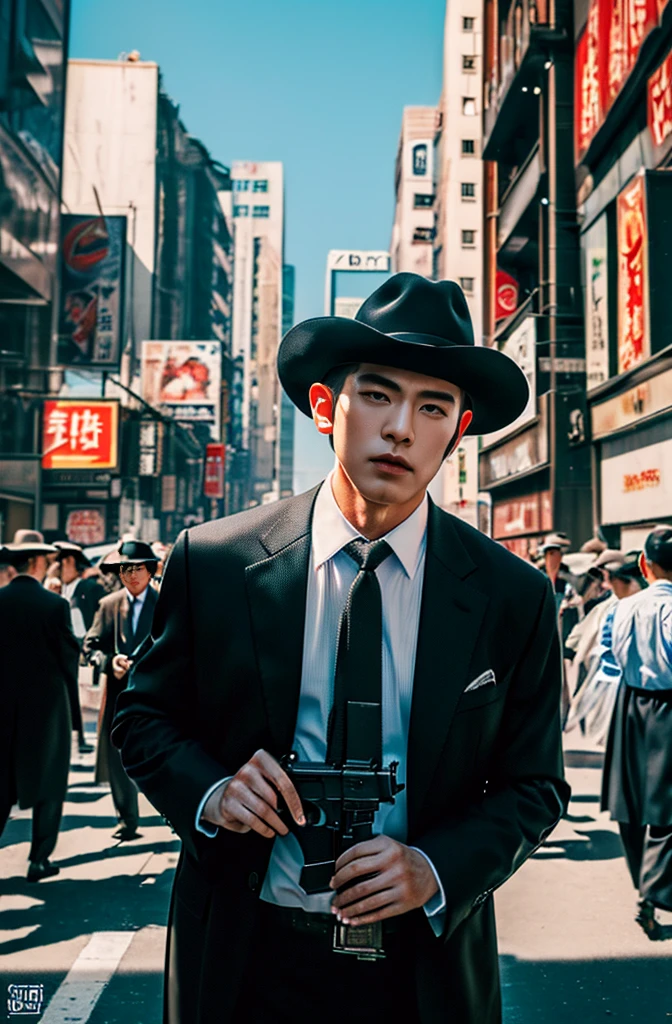 (best quality, 4k,8k, high, masterpiece: 1.2), highly detailed, (realistic, photorealistic, photo-realistic: 1.37), street, cityscape, weapons, black suit, Chinese mafia, cowboy hat, menacing expression, rays sun, mostly densely populated gangs, guns, cinematic feel.