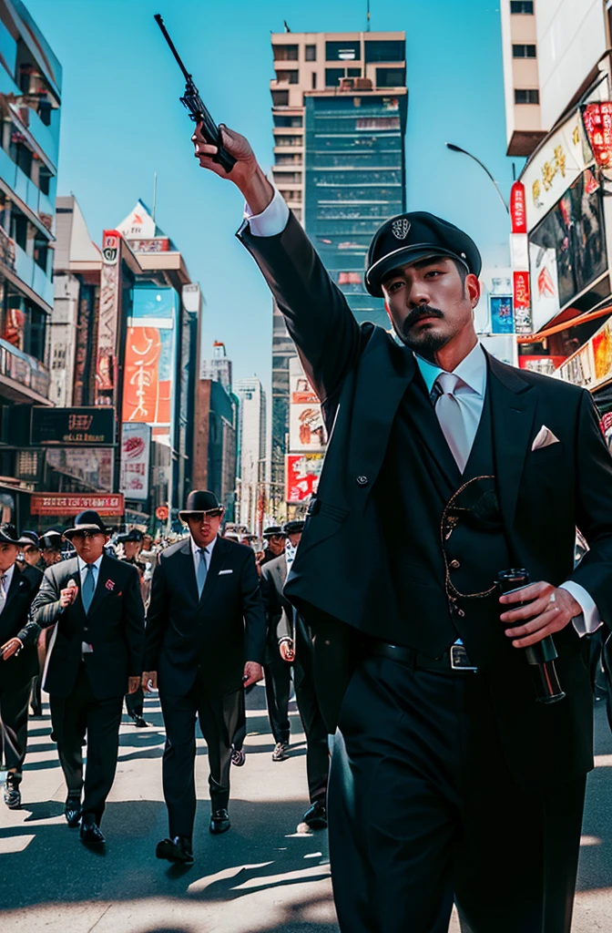 (best quality, 4k,8k, high, masterpiece: 1.2), highly detailed, (realistic, photorealistic, photo-realistic: 1.37), street, cityscape, weapons, black suit, Chinese mafia, cowboy hat, menacing expression, rays sun, mostly densely populated gangs, guns, cinematic feel.