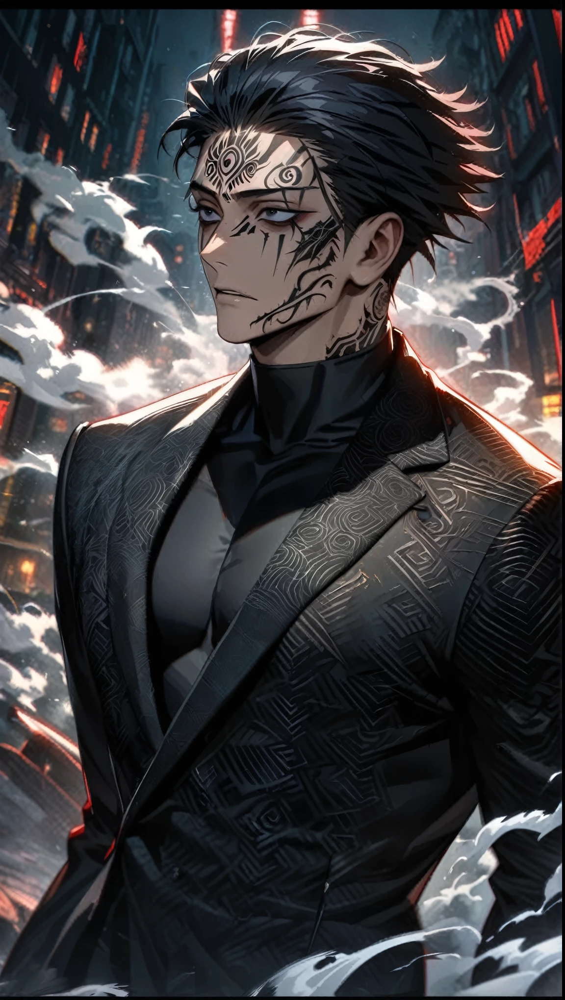 Ultra detailed, HDR, Highres, absurdres, master piece, Ryomen Sukuna, expressive Black eyes, black hair, dark tattoo under the eyes, Jujutsu Kaisen, black suit with patterns, black tight shirt, white smoke, horror at night, sexy man, solo, extremely detailed face and eyes, extremely handsome, glittering