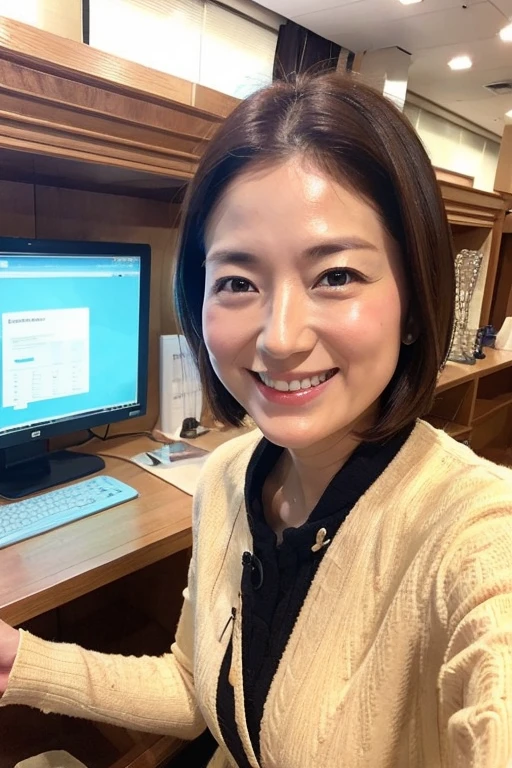 Highest quality、Masterpiece、Real Photo、Realistic、One Japanese woman、Smiling businesswoman using a computer、Very detailed、Natural light、Sweat、Short Hair、Brown Hair、Detailed face and skin、Realistic eyes