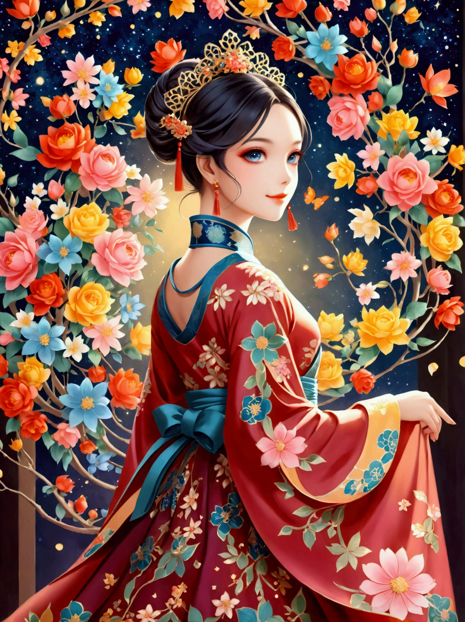by Julien Arnal，Abstract Pictorial，Cartoon illustration，Sequins，Ambilight，Healing gouache，Starry Sky，Dark night shimmer，Youth Manga,Bright tones,gorgeous,Beautiful illustrations，Morandi color tone，Beautiful model catwalk，Performing dance steps。Wearing Ming Dynasty Hanfu，玫瑰Long skirt，Princess dress，gorgeous复古宫廷风格连衣裙，Long skirt，超Long skirt，- Wide hem，Long skirt下摆接近地面，The style is a high-end dress from the Hanfu Fashion Week，Haute couture，Private custom，Fashion show model，Big show，Tulle accessories on skirt。Necklace on the neck，short hair，Hair up，Headdress，big eyes，It's beautiful，((There was only one female model on the catwalk))，Men and women make up a large part of，The runway is covered with flowers，Background covered with flowers，Female model with a smile on her face，Standing，Elegant and dignified posture，8k，Ultra HD，masterpiece，precise，Textured Skin，High Detail，Best quality，Awards，Long Shot，Sense of distance，(Vector illustration:1.5)