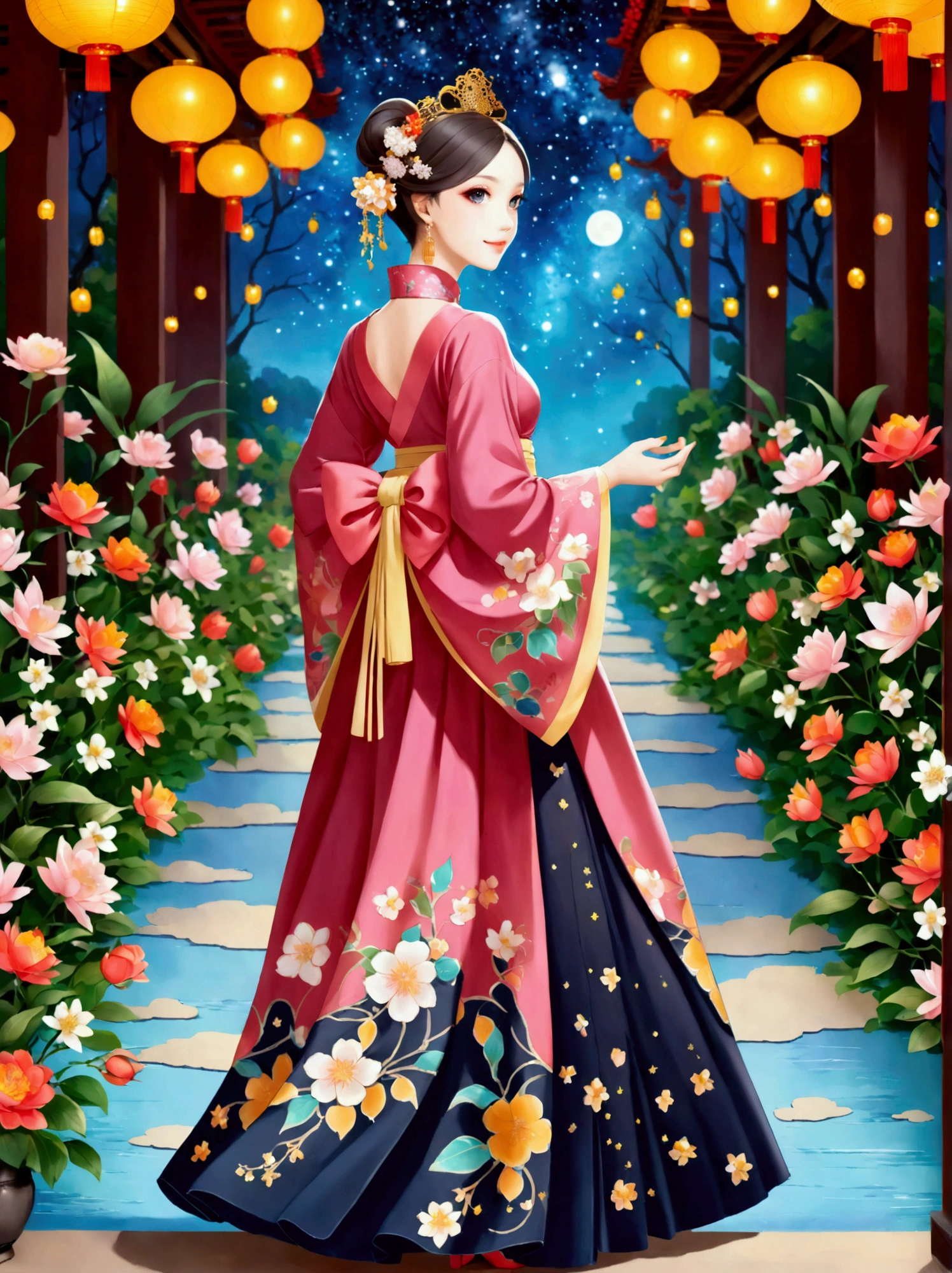 by Julien Arnal，Abstract Pictorial，Cartoon illustration，Sequins，Ambilight，Healing gouache，Starry Sky，Dark night shimmer，Youth Manga,Bright tones,gorgeous,Beautiful illustrations，Morandi color tone，Beautiful model catwalk，Performing dance steps。Wearing Ming Dynasty Hanfu，玫瑰Long skirt，Princess dress，gorgeous复古宫廷风格连衣裙，Long skirt，超Long skirt，- Wide hem，Long skirt下摆接近地面，The style is a high-end dress from the Hanfu Fashion Week，Haute couture，Private custom，Fashion show model，Big show，Tulle accessories on skirt。Necklace on the neck，short hair，Hair up，Headdress，big eyes，It's beautiful，((There was only one female model on the catwalk))，Men and women make up a large part of，The runway is covered with flowers，Background covered with flowers，Female model with a smile on her face，Standing，Elegant and dignified posture，8k，Ultra HD，masterpiece，precise，Textured Skin，High Detail，Best quality，Awards，Long Shot，Sense of distance，(Vector illustration:1.5)