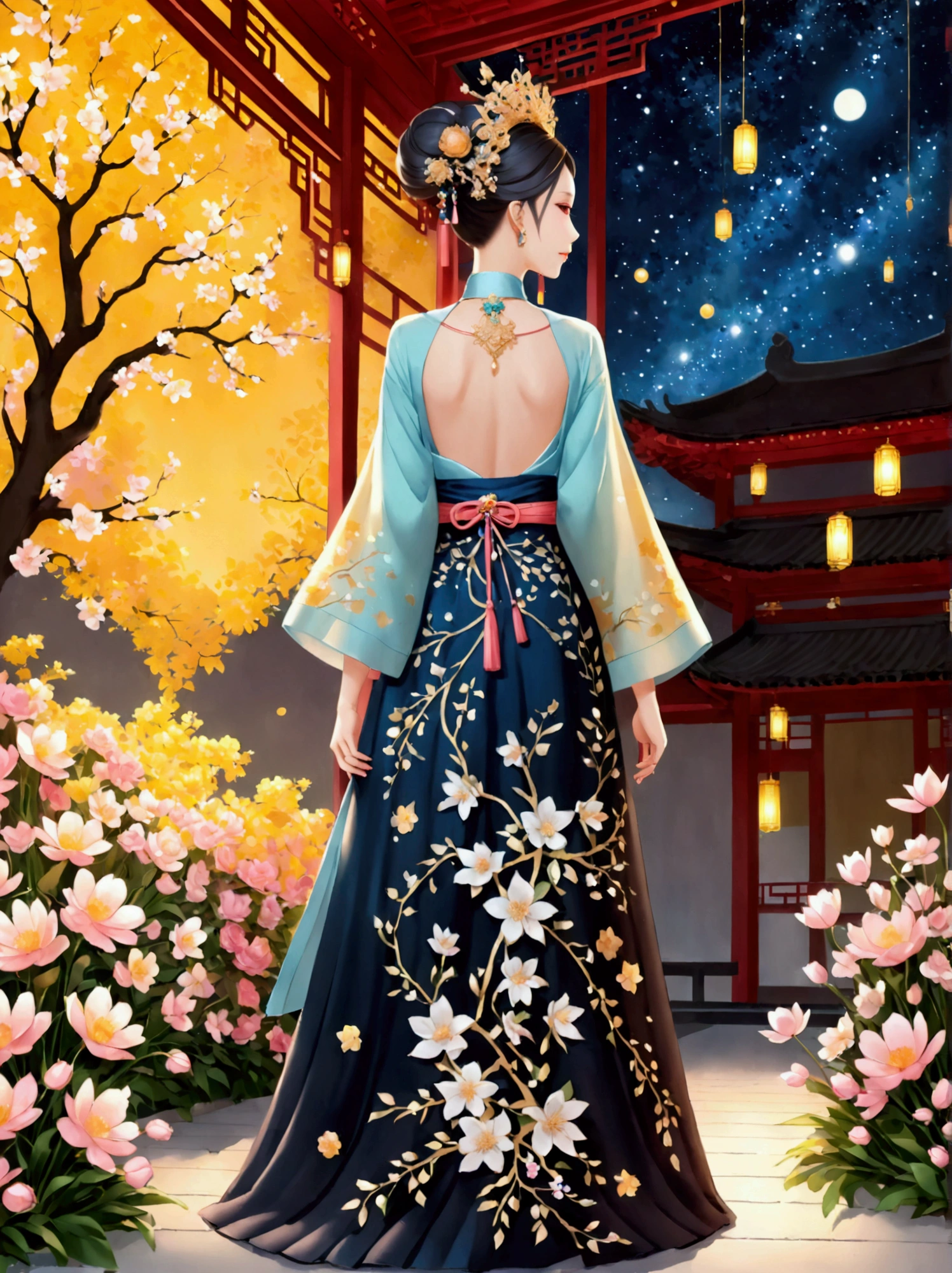 by Julien Arnal,Abstract Pictorial,Cartoon illustration,Sequins,Ambilight,Healing gouache,Starry Sky,Dark night shimmer,Youth Manga,Bright tones,gorgeous,Beautiful illustrations,Morandi color tone,Beautiful model catwalk,Performing dance steps。Wearing Ming Dynasty Hanfu,玫瑰Long skirt,Princess dress,gorgeous复古宫廷风格连衣裙,Long skirt,超Long skirt,- Wide hem,Long skirt下摆接近地面,The style is a high-end dress from the Hanfu Fashion Week,Haute couture,Private custom,Fashion show model,Big show,Tulle accessories on skirt。Necklace on the neck,short hair,Hair up,Headdress,big eyes,It's beautiful,((There was only one female model on the catwalk)),Men and women make up a large part of,The runway is covered with flowers,Background covered with flowers,Female model with a smile on her face,Standing,Elegant and dignified posture,8k,Ultra HD,masterpiece,precise,Textured Skin,High Detail,Best quality,Awards,Long Shot,Sense of distance,(Vector illustration:1.5)