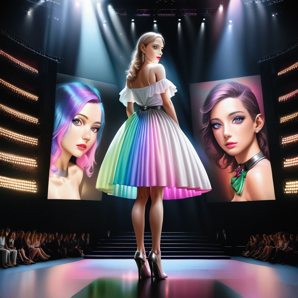 score_9, 1girl, Fashion model, milano collection, colorfulglitter glowing clothes, stage, very wide shot, rainbowcolored spot light, realistic, hyper-realistic, photorealistic,ultra-detailed,(realistic,photorealistic,photo-realistic:1.37),vivid colors,dramatic lighting,