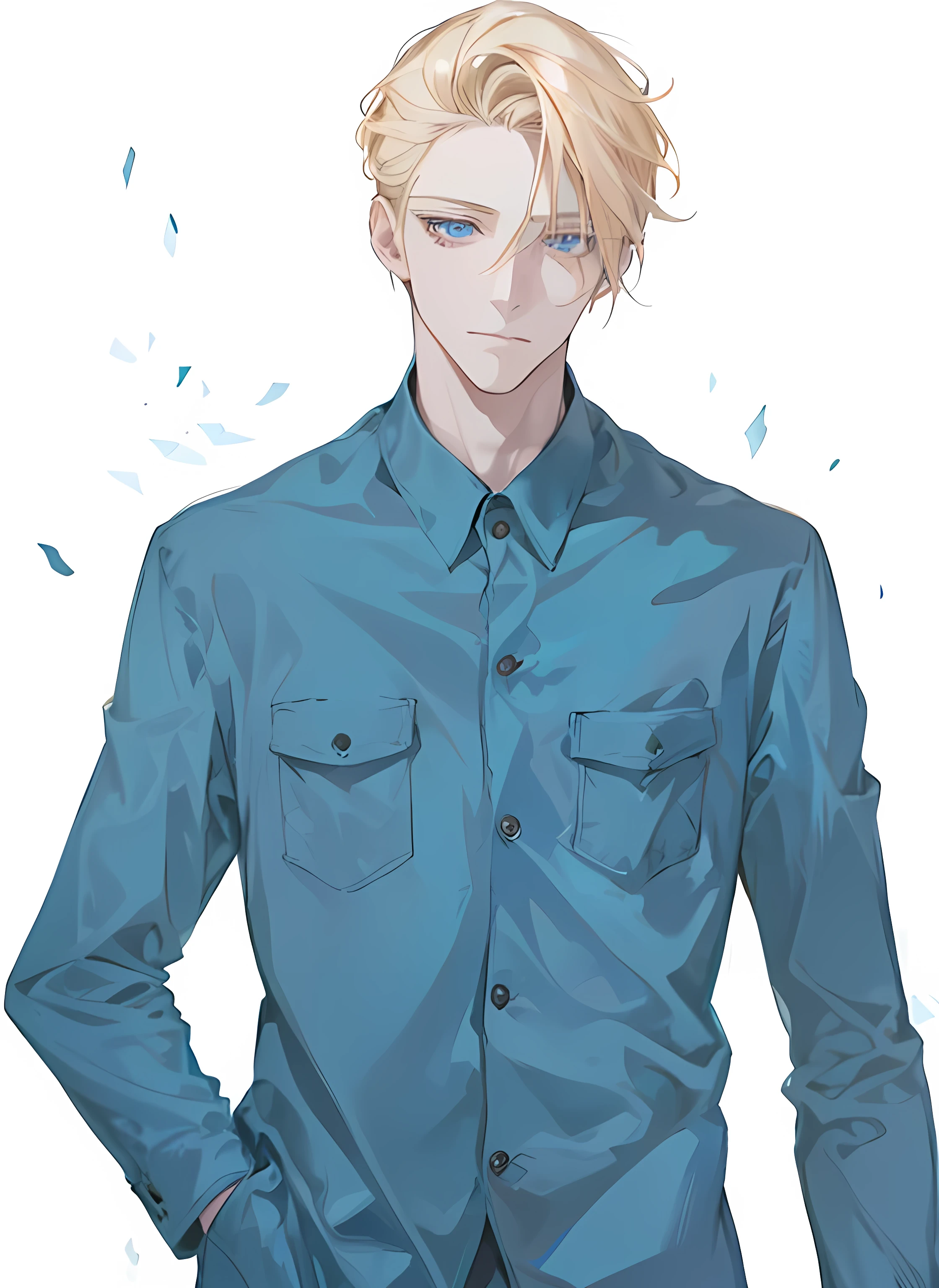 A tall man with blond hair, blue eyes and grey work clothes