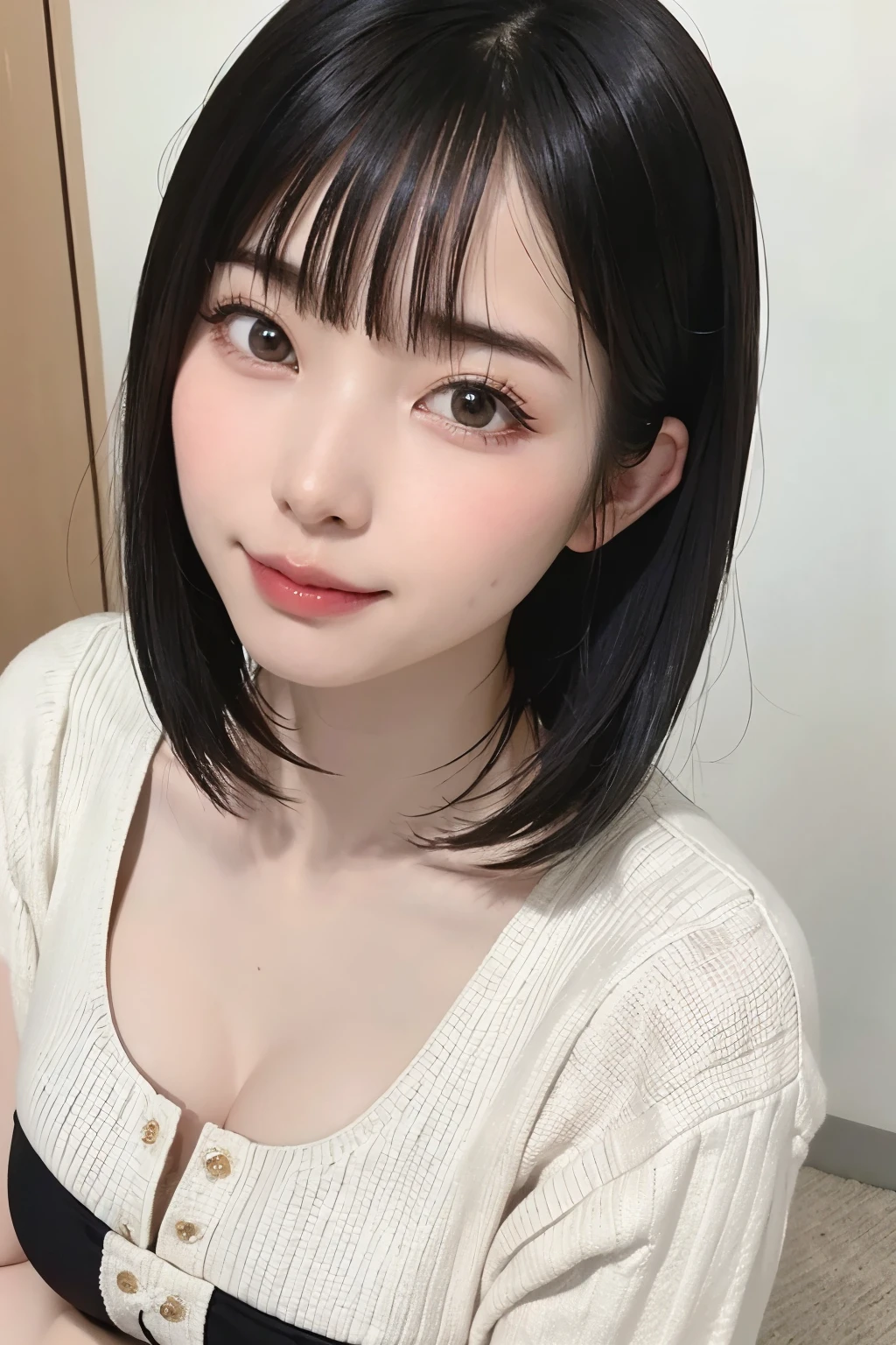 Everything is beautifully detailed:1.6,masterpiece、Highest quality、1 girl, alone, alone focus, Cowboy Shot, Portraiture, Larger clothes, Blue and white hoodie, half水彩画, half, ((Black Hair)), (Shiny Hair), (Gradient Hair :1.5), Curly Hair, ((Beautifully drawn delicate eyes)), Very detailedな目, Sunburn, (Dark caramel skin:1.1), Highest quality, Very detailed, White Background, Simple Background、{Huge|big|Hugeな|Mega} chest:2, chestの谷間:2、開けたchest、Perfect Anatomy、Cute Smile、((short hair:1.8、Short Bob Hair、bangs))、Listen carefully、Beautiful long neck、Perfect Anatomy